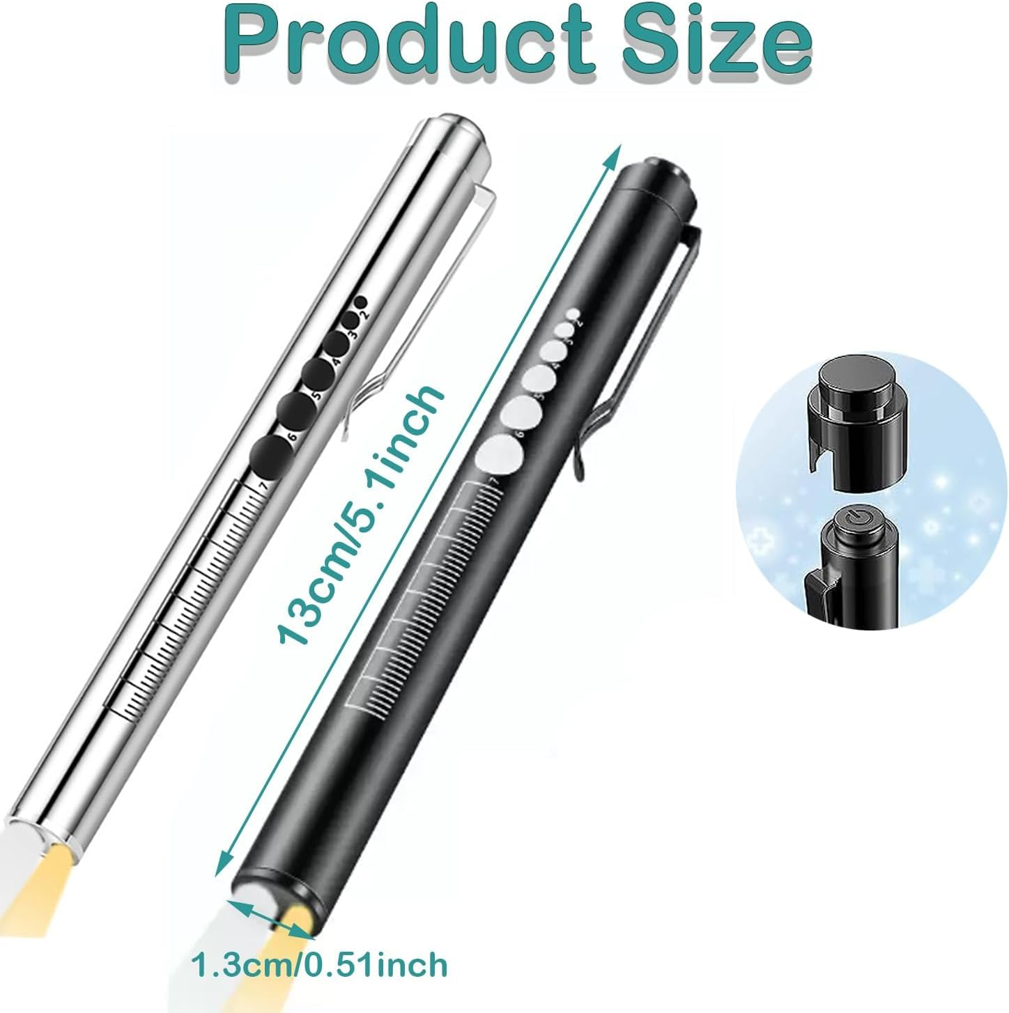 KEWAYO 2Pcs Pen Light, Reusable LED Penlight for with Pupil Gauge & Ruler, USB Rechargeable, Extra Warm Light Bulb, Pocket Clip Mini Flashlight(Black, Silver) image number 2