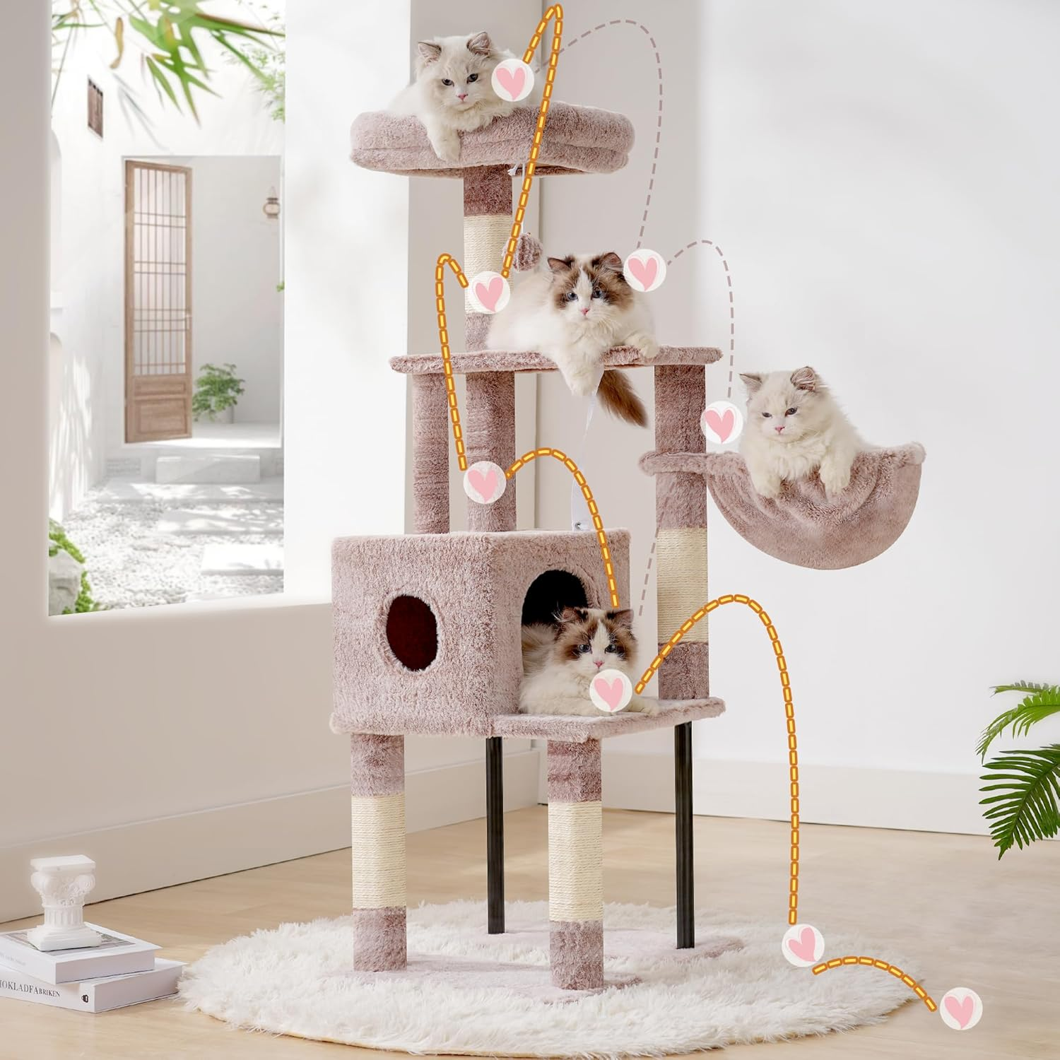 Heybly Cat Tree, 125Cm Cat Tower for Indoor Cats, Spacious Cat House Condo with Hidden Space，Sturdy Steel Tube，Soft Plush Top Perch，Cozy Hammock and Sisal Scratching Posts, Muchroom HCT200SMU - Beige image number 6