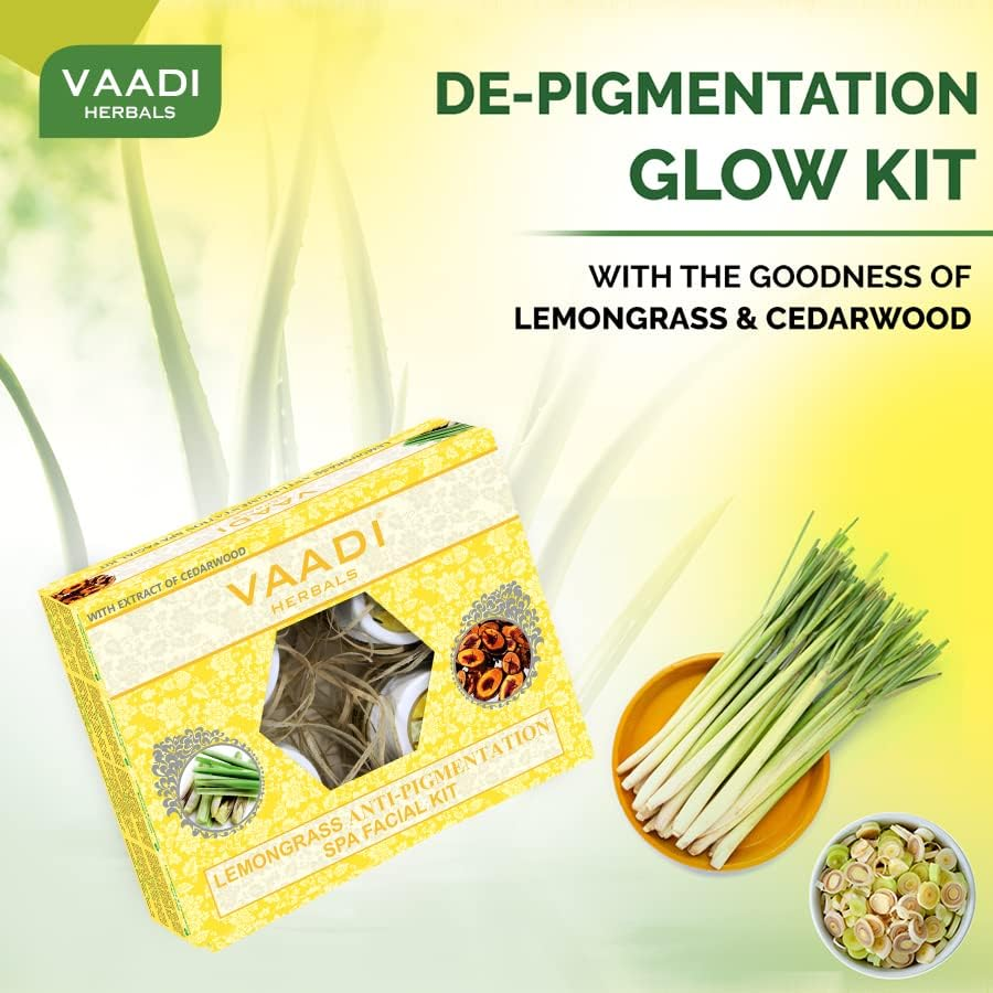 Vaadi Herbals Organic Facial Kit (Cleansing Cream + Face Scrub + Massage Cream + Face Pack ) - Lemongrass anti Pigmentation Spa Facial Kit with Cedarwood Extract - anti Aging Skin Care Acne Kit- Reduce Wrinkles under Eye Dark Circles - Sulfate Free - for Men Women All Skin Types - All Natural 70 Gms image number 5