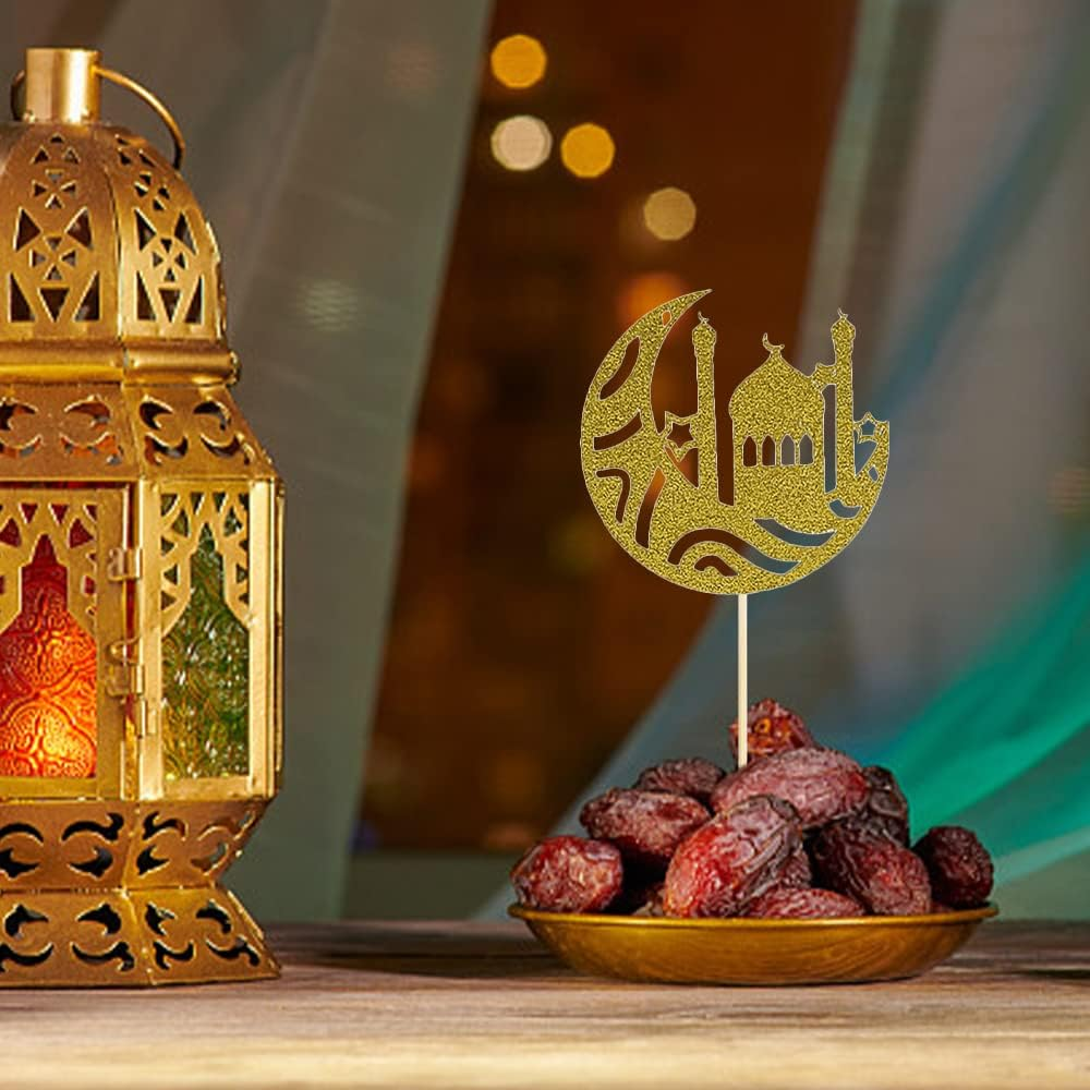 ALIBBON 30Pcs Eid Mubarak Cupcake Toppers, 3 Patterns Glitter Gold Moon Castle Cupcake Picks, Ramadan Mubarak Cake Topper, Ramadan Kareem Party Decorations Islamic Muslim Party Decors Supplies