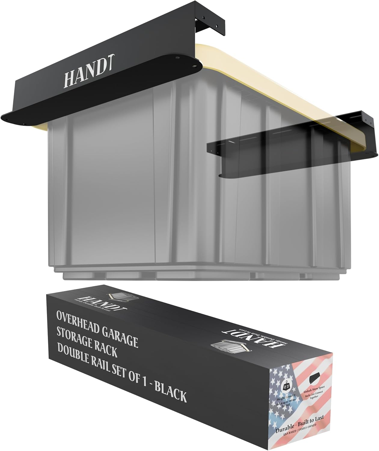 HANDT Overhead Garage Storage Rack, Ceiling Tote Bin Organization Rails Shelving Racks System, Heavy Duty Hanging Metal Rack Systems for 27 Gallon Container, Supports Most Other Bins, 4 Sets White