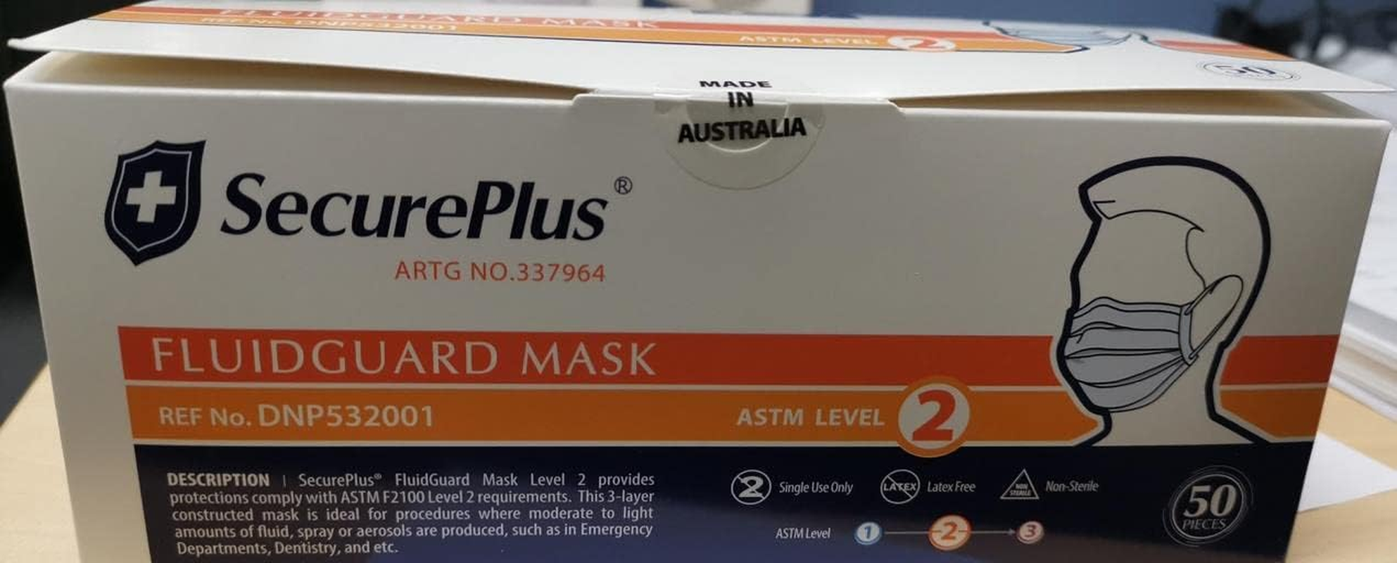 SECURE plus Fuildguard Face Mask W/Earloop - ASTM Level 2 Face Mask,Made in Australia,Blue image number 2