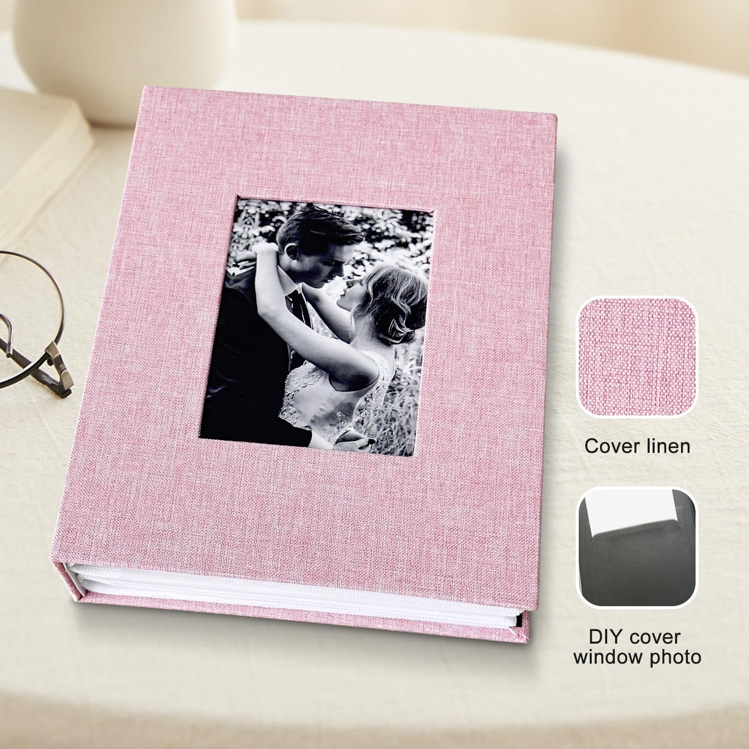 200-Pocket Photo Album 4X6 - Slip-In Picture Album with Linen Cover & Display Window, Vertical Photo Book for Wedding, Family, Baby, Anniversary & Vacation Memories (Holds 200 Photos)