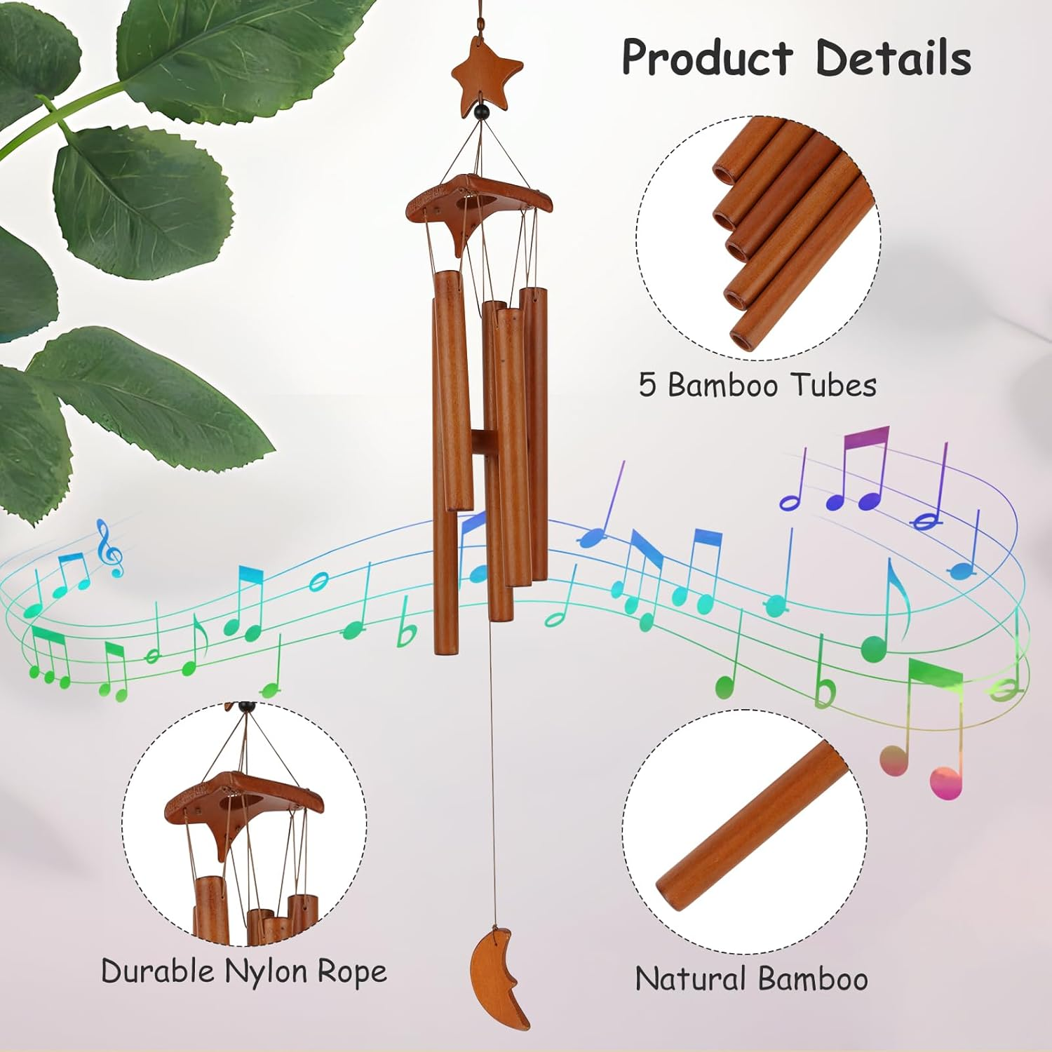 Bamboo Wind Chime, 70 Cm Wooden Wind Chime, Garden, Star Moon Wind Chime with 5 Matching Tubes, Wind Chimes for Outdoor Hanging, for Garden, Yard, Patio and Home Decoration image number 2