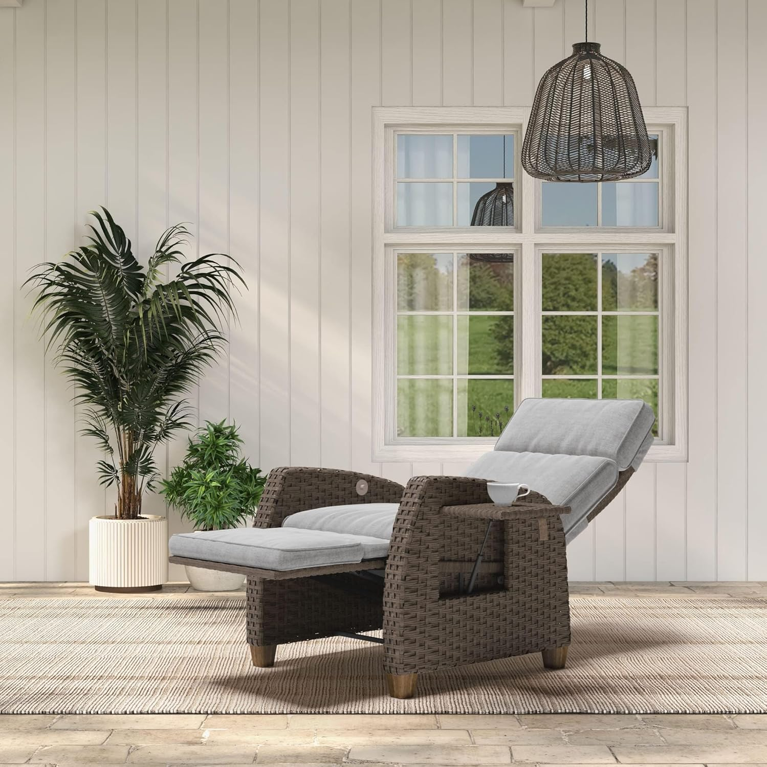 Grand Patio Indoor & Outdoor Recliner Chair PE Wicker Patio Recliner with Flip Table Reclining Lounge Chair, Mist Grey image number 6