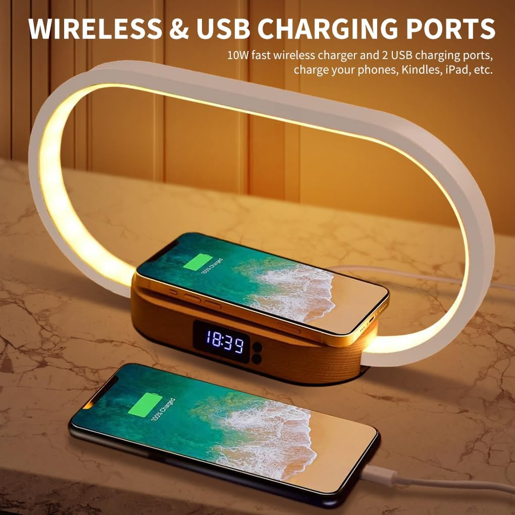 Clora Bedside Table Lamp with 10W Wireless Charger, Touch Control Dimmable 3 Color Temperatures LED Nighstand Light with USB Charging Port and Clock for Living Room Bedroom Office Home Decor Gift image number 6