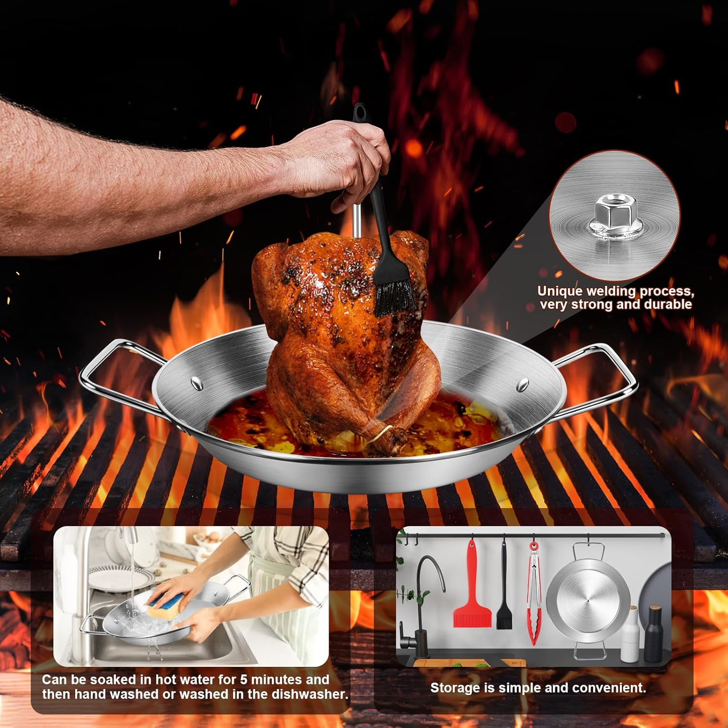 10" Al Pastor Skewer for Grill, Gyro Pan with Skewer, BBQ Vertical Skewer Pan, Stand Rack for Tacos, Shawarma, Kebabs, Gyros, with 3 Removable (9/10/12) Barbecue Spikes, 2 Oil Brushes & Barbecue Tongs image number 6