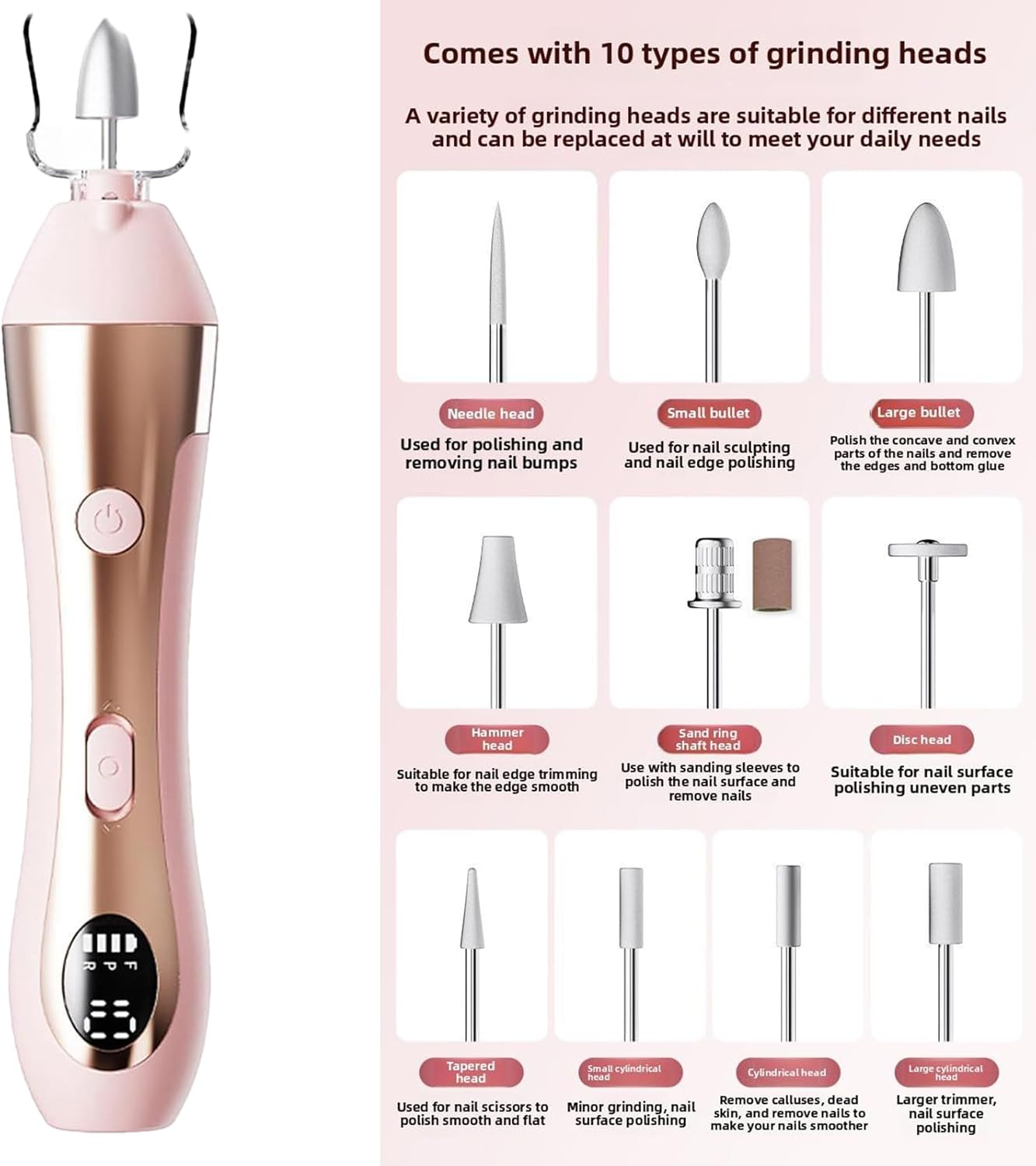 Nail Drill, Portable Nail Drill Electric Tool, 10 Speed Manicure Supplies with Led Light for Elderly Friends Beginners Family Salon Home