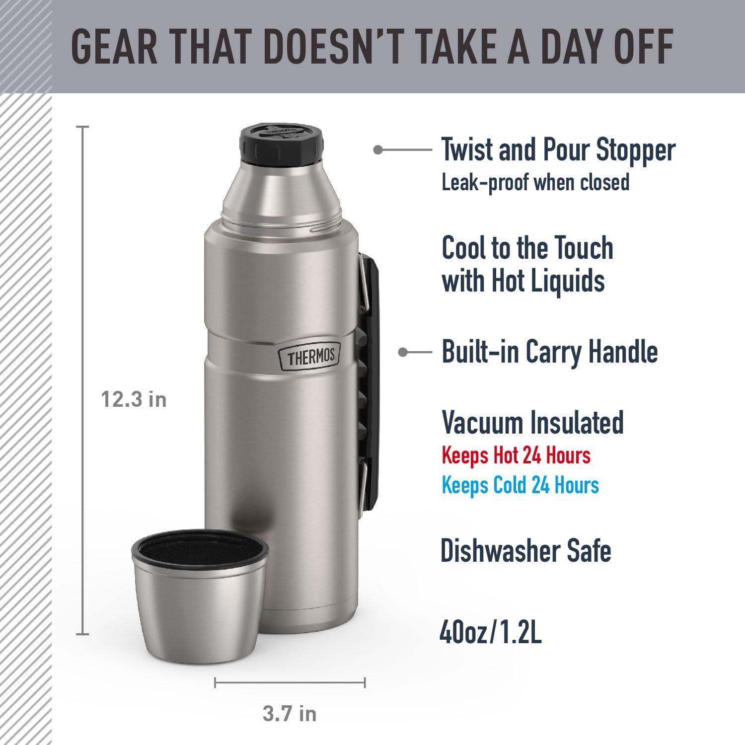 Thermos Stainless King Vacuum-Insulated Beverage Bottle, 40 Ounce, Matte Stainless Steel - Matte Stainless Steel image number 6