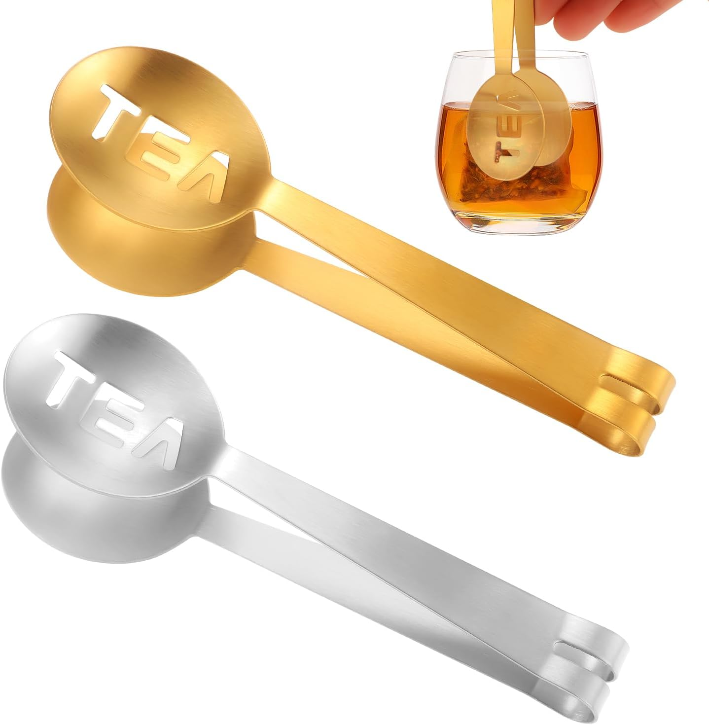 Tinoaly 2 Pcs Stainless Steel Tea Bag Squeezer, round Tea Bag Clamp, Gold and Silver
