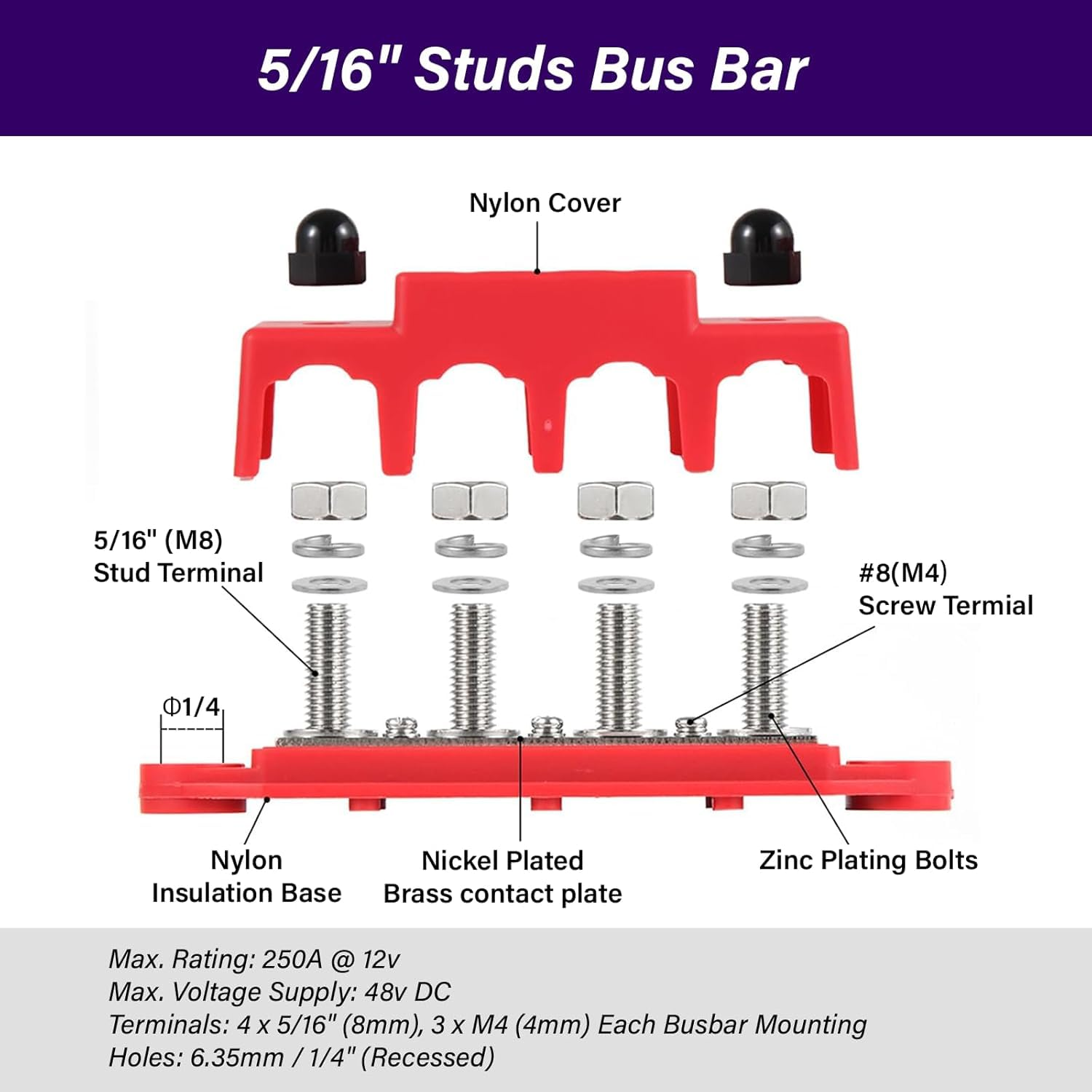 Power Distribution Block Bus Bar 12V 250A with 4 X 5/16" Studs Marine Bus Bar 12 Volt Battery Busbar Terminal Block for Automotive, Car, Boat, Solar Wiring(M8) image number 1