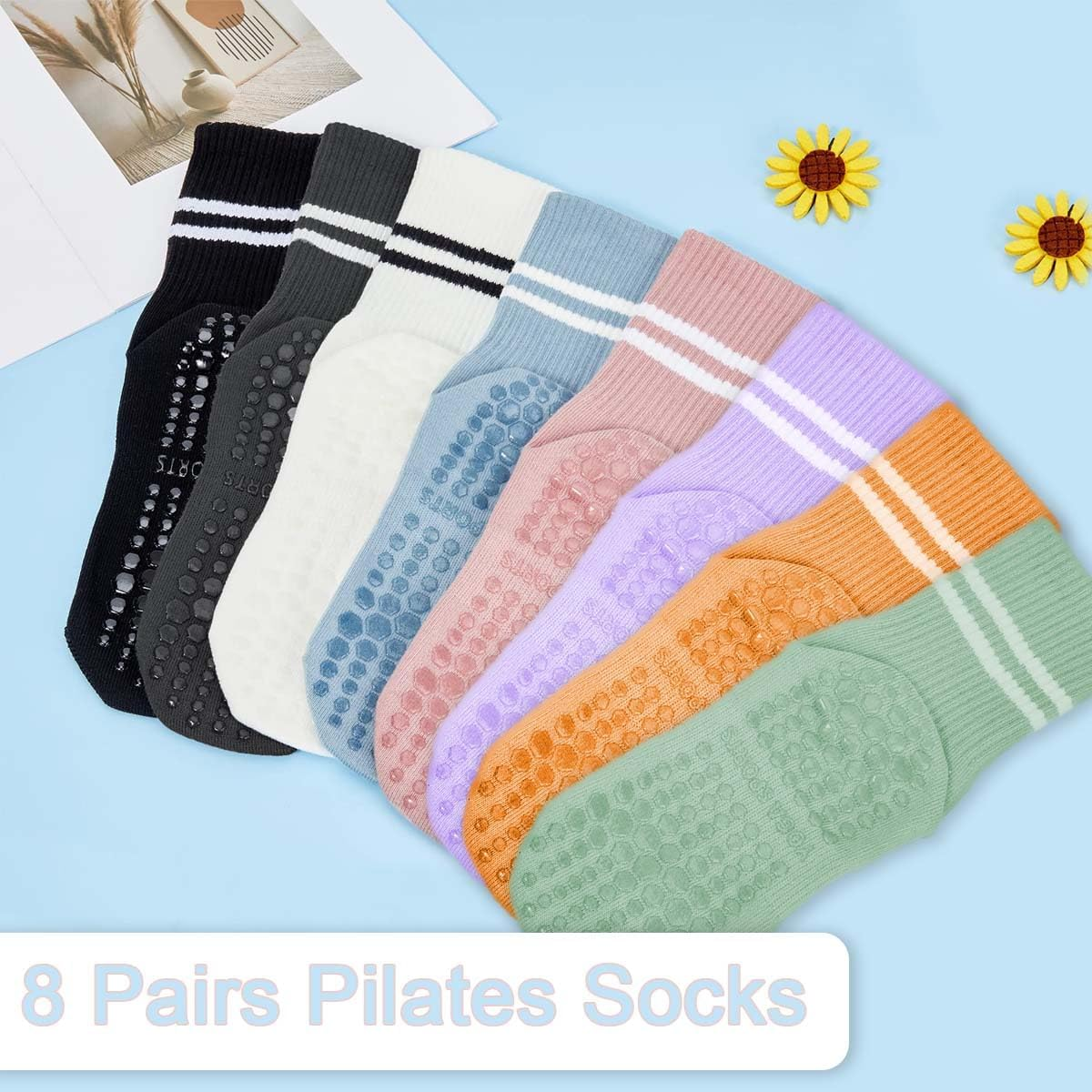 8 Paris Women Pilates Socks Yoga Socks with Grips for Women Non Slip, Pilates, Workout, Pure Barre, Ballet, Dance, Hospital Socks image number 4
