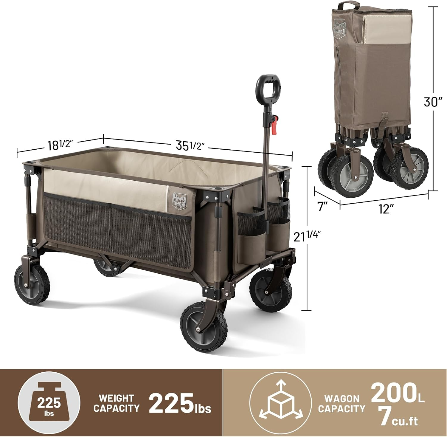 Timber Ridge Collapsible Outdoor Folding Wagon Cart Heavy Duty Camping Patio Shopping Garden Cart with Side Bag Cup Holder, Tan image number 1