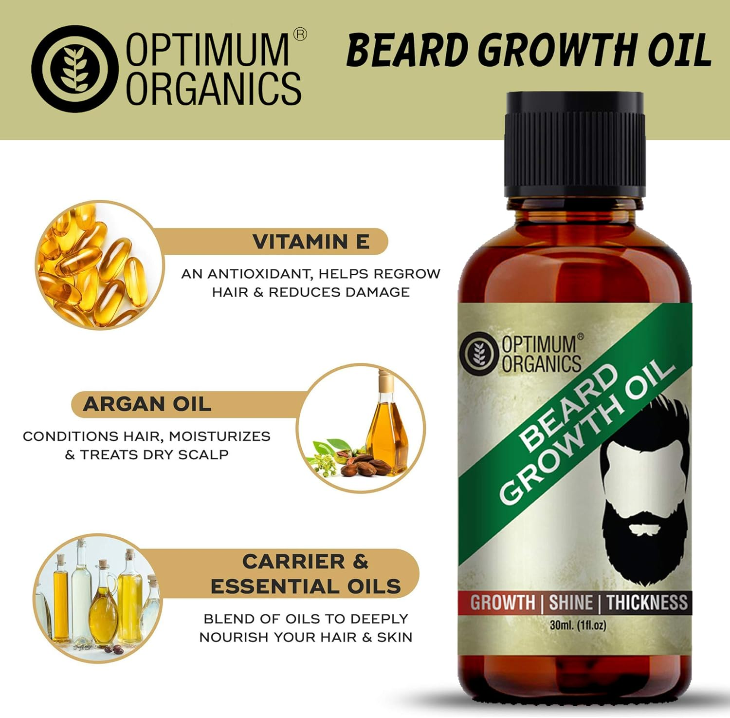 Beard Oil for Growing Beard Faster from Optimum Organics with Argan, Jojoba, Almond, Eucalyptus and Natural Extracts. image number 3