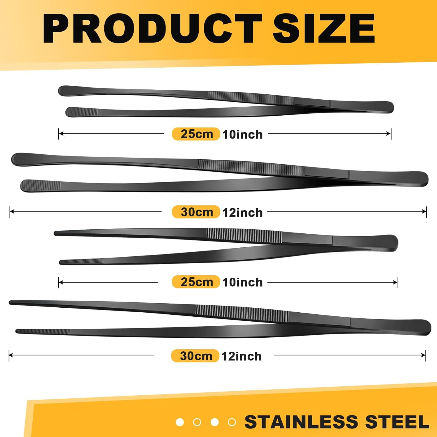 Flutesan 4 Pieces Black Kitchen Fine Tweezer Tongs 10 Inch 12 Inch Stainless Steel Tweezers Tongs with round Serrated Tips Culinary Fine Straight Tweezers Forceps for Cooking Repairing Feeding BBQ