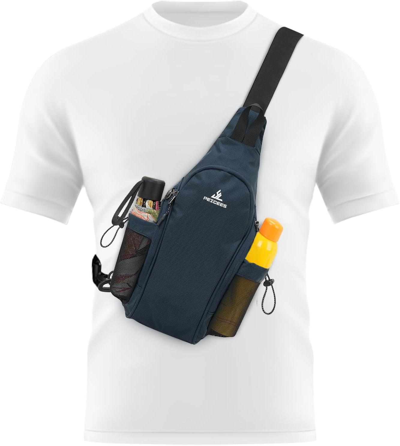 Peicees Small Sling Bag with 2 Bottle Holders, Sling Backpack Crossbody Bag Chest Daypack for Daily Use, Bottle Not Included