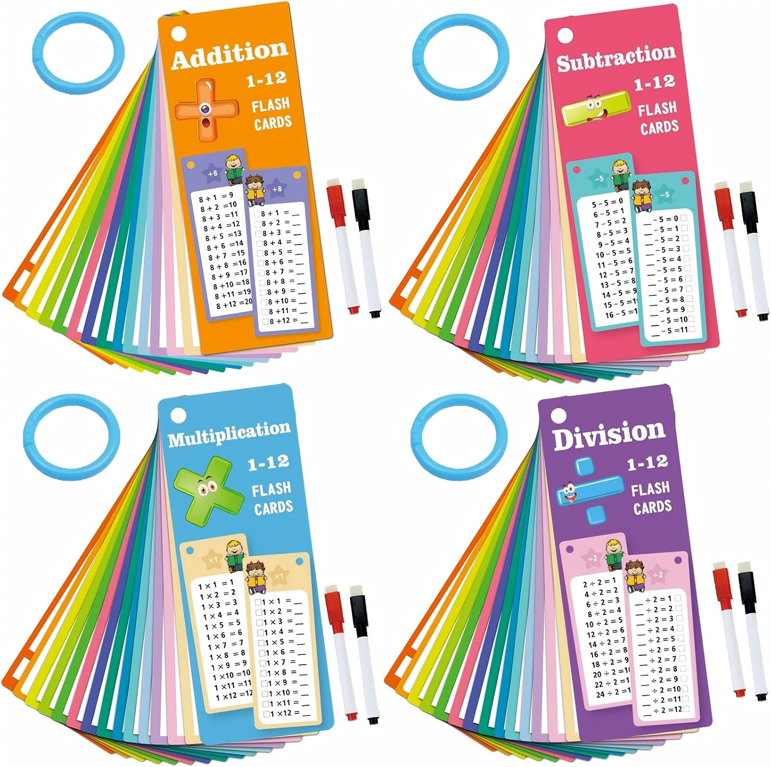 60Pcs Multiplication Division Addition & Subtraction Flash Cards, Math Flash Card Set with 8 Dry-Erase Pens, 4 Rings | Times Table Flash Cards for 1St - 3Rd Grades | Fun Learning with Math Games image number 6