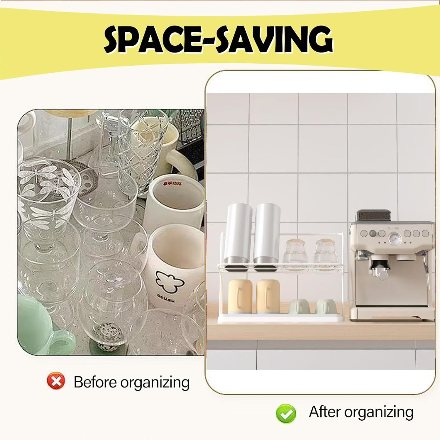 2-Tier Cup Drying Rack, Draining Organiser with Storage for Mugs and Bottles, White image number 4