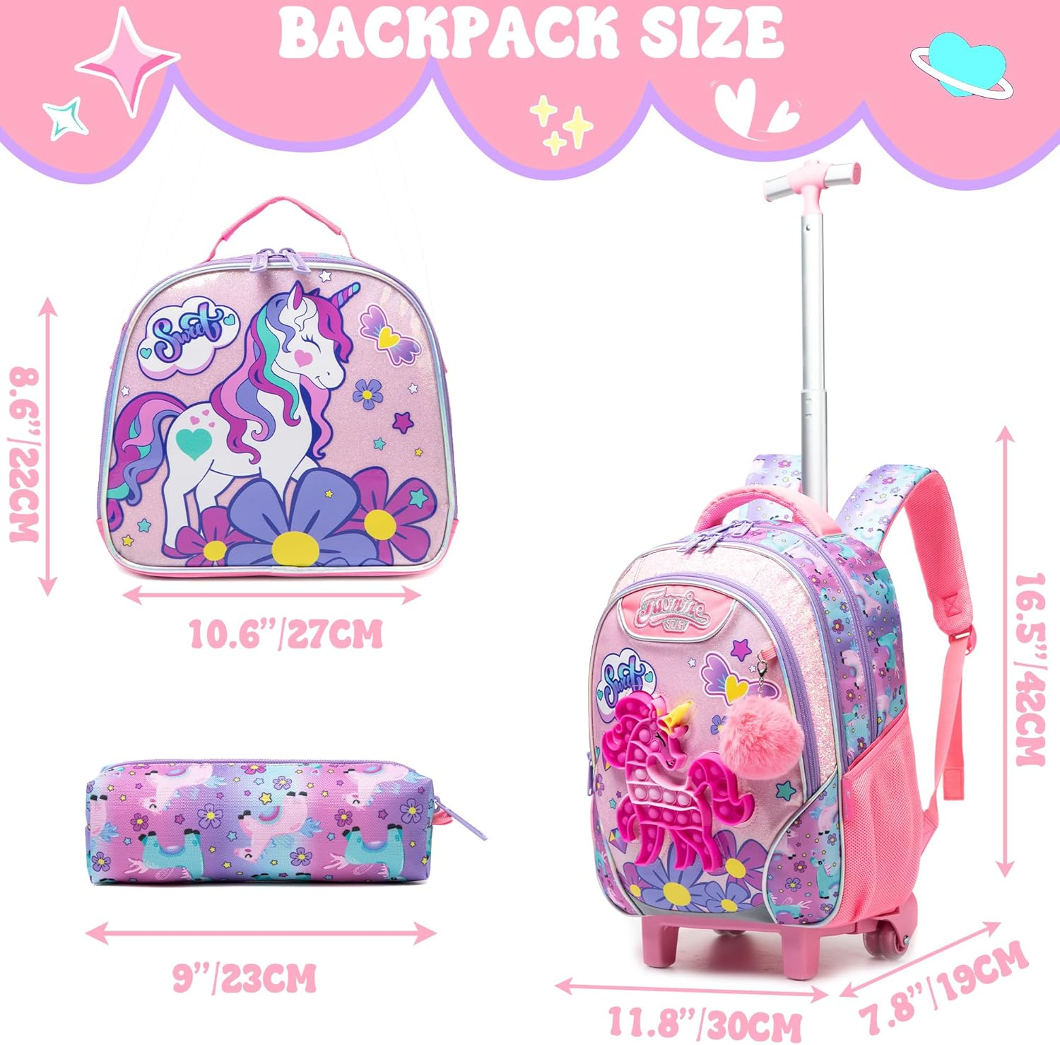 Meetbelify Rolling Backpack for Girls with Pencil Case&Lunch Bag School Bags Trolley Wheeled Backpacks image number 5