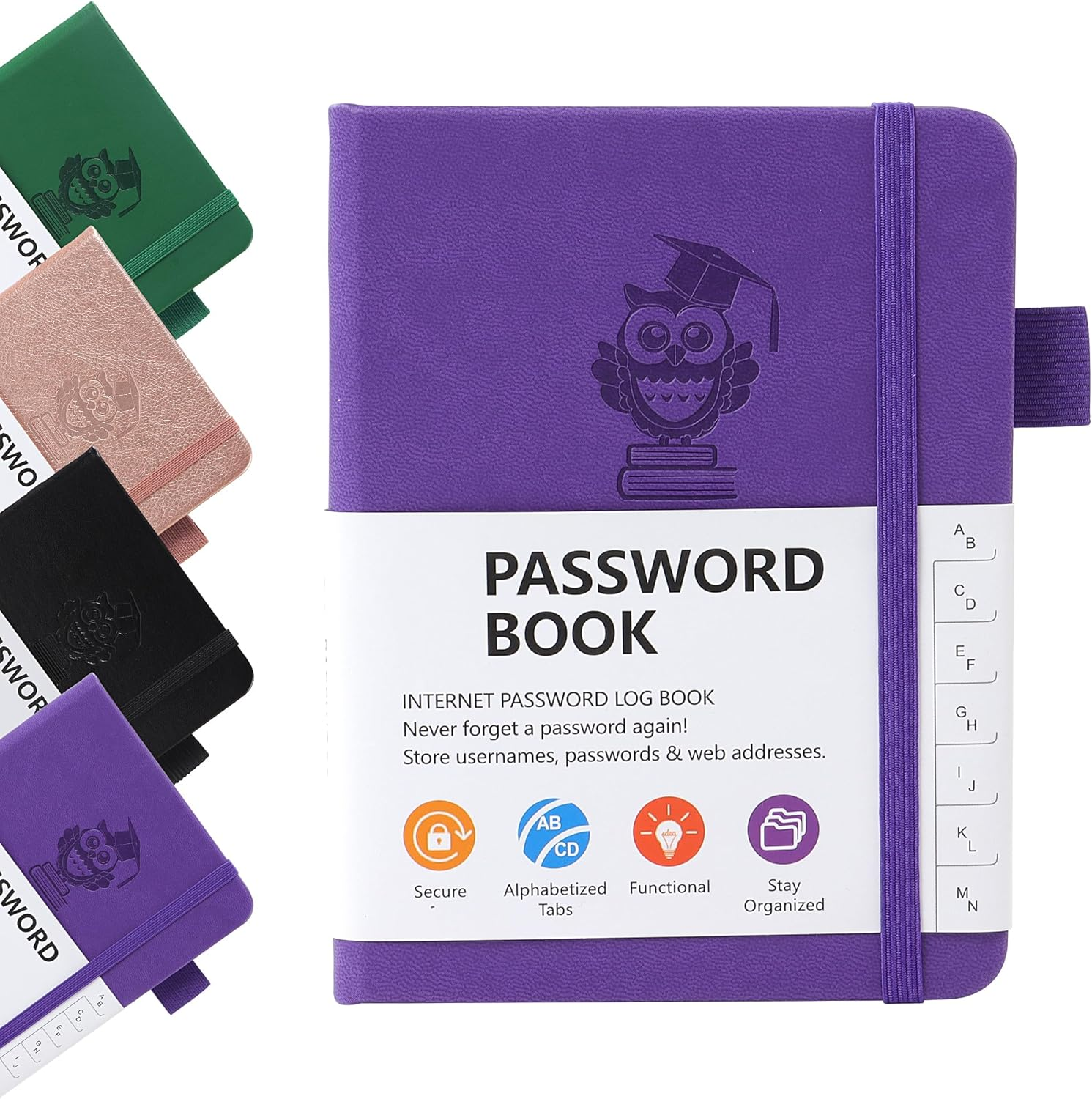 JUNART 4Colors A6 Password Book with Alphabetical Tabs and Elastic Pen Loop, PU Leather Cover, Secure Organizer for Home, Office and Travel（Purple）