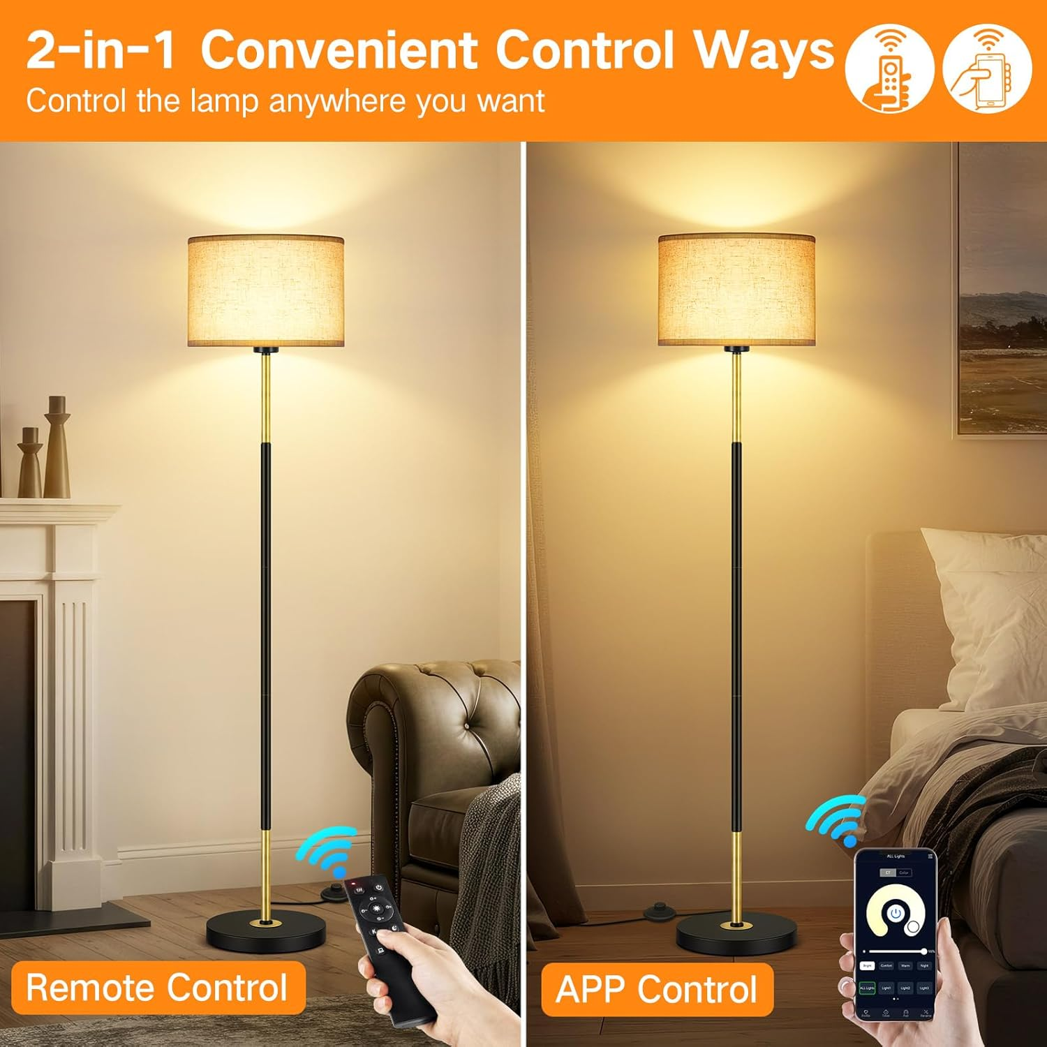 OUTON LED Dimmable Floor Lamp, Drum Shade Tall Lamp with 1H Timer & APP Control, Great Living Room Decor, Mid-Century Lamp for Living Rooms Offices Bedroom image number 5