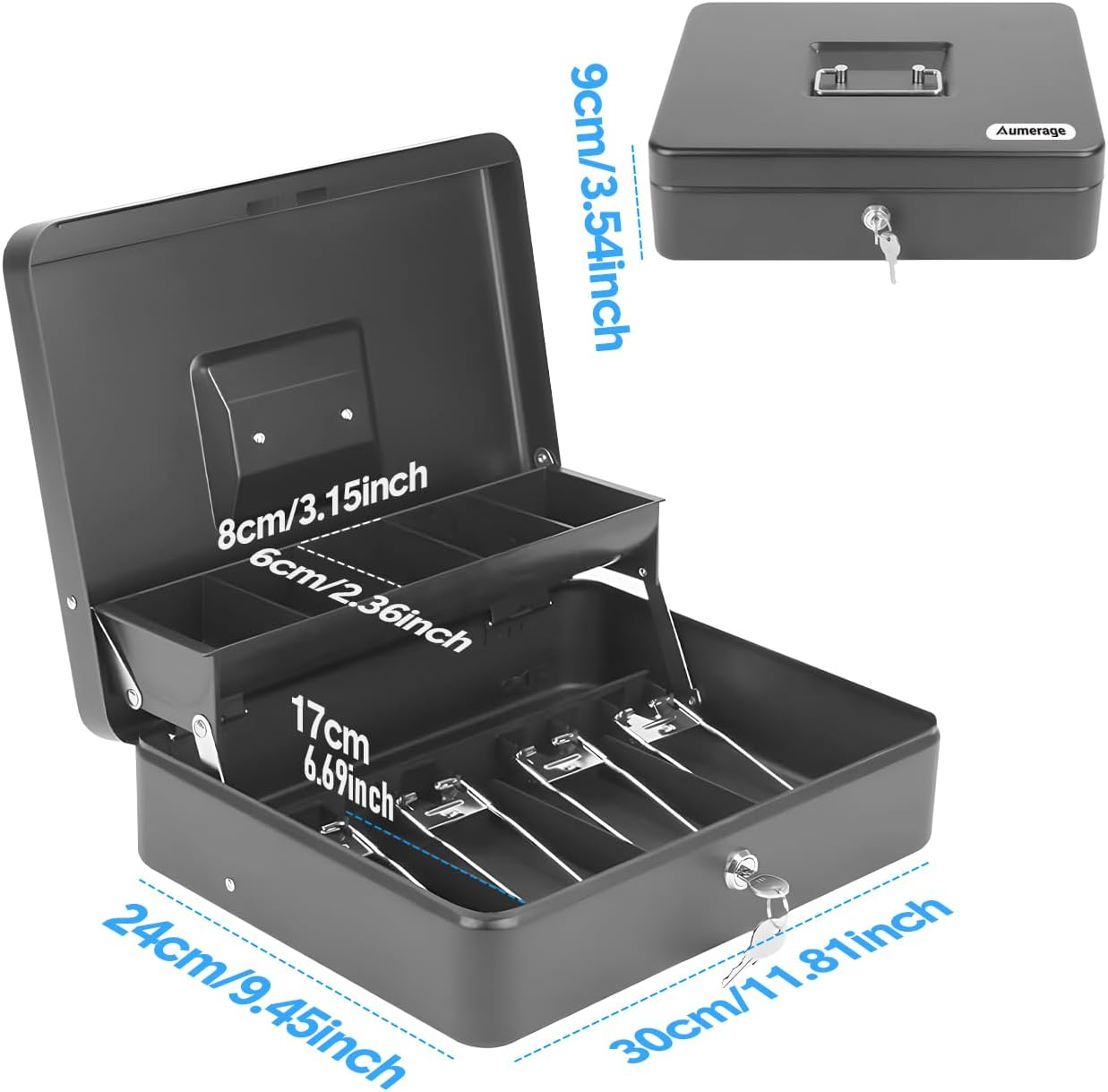 Aumerage Metal Cash Box with Security Lock & 2 Keys - 4 Bill/5 Coin Tray Storage, Large Lockable Money Box for Small Business/Home (Gray) image number 3