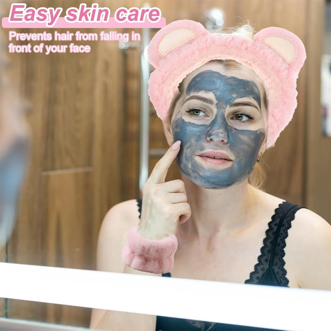 KSJEHW Spa Face Headband Wrist Wash Bands Set Soft Makeup Hair Band Elastic Wrist Sweatband Fluffy Cosmetic Headband for Women Girls (Pink, Bear Ears) image number 3
