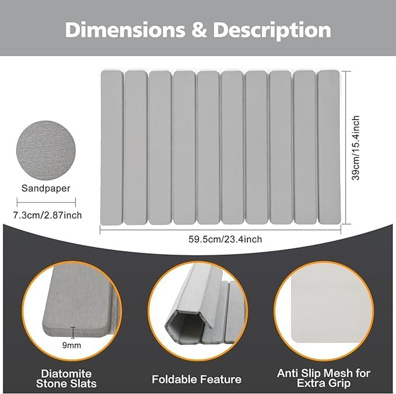 Diatomaceous Earth Folding Bath Mat 39 * 60CM Super Absorbent Floor Mat Quick-Drying Bathroom Carpets Non-Slip Doormat Rectangle Floor Mat Portable Roll-Up Foot Bath Mat for Bathtub Kitchen (Grey) image number 3