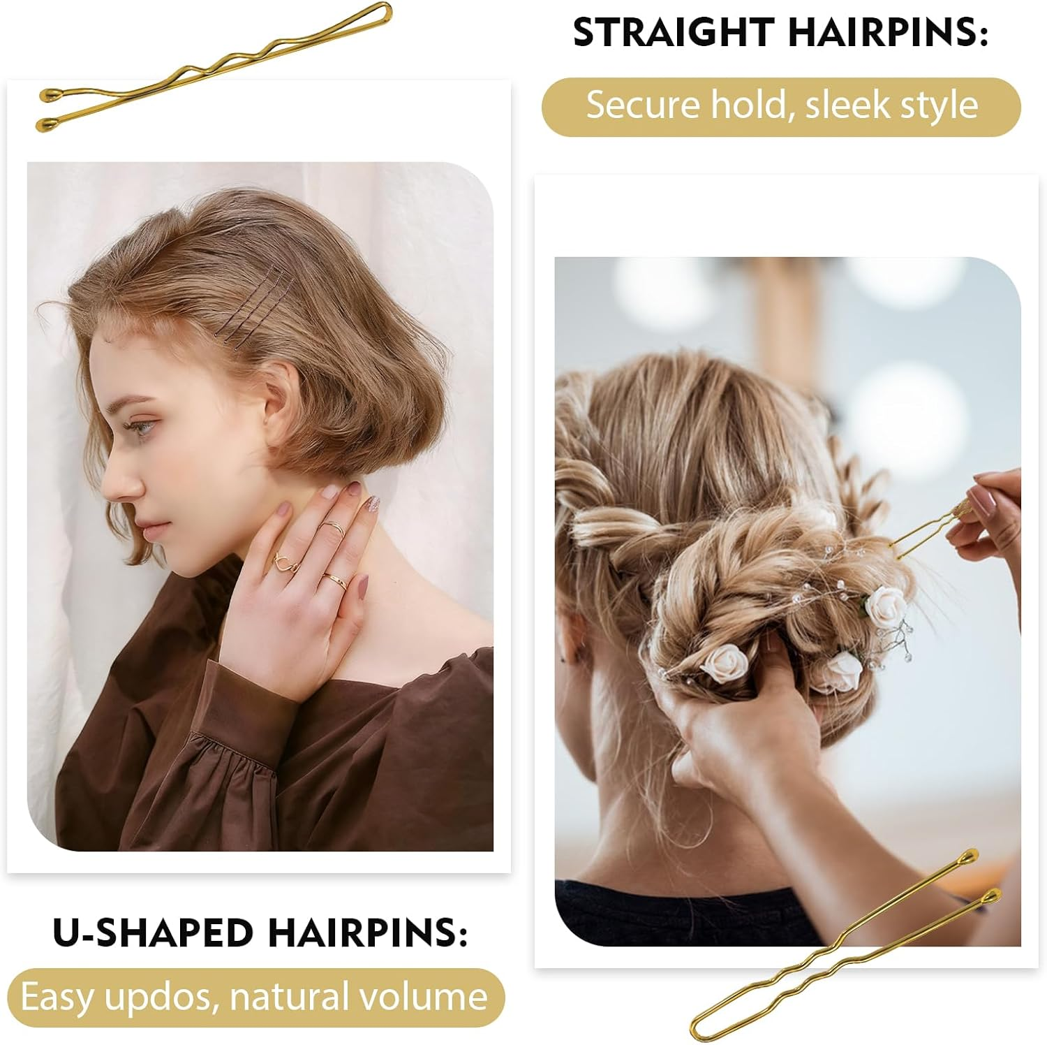 328 Piece Hair Pins Small Bobby Pins Set - 104 U-Shaped Hair Pins, 104 Bobby Pins, 100 Rubber Bands, 15 Hair Net Bun, 5 Scrunchies, Hairstyle Accessories for Girls and Women with Storage Box (Gold)