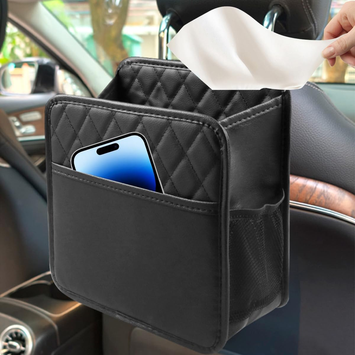 2-Pack Leather Automotive Backseat Hanging Storage Pocket，Seat Back Organizer， Bottle Bag Storage Box Organizer ，Travel Tidy Pouch Pocket，Universal for Most Cars（Black） image number 4