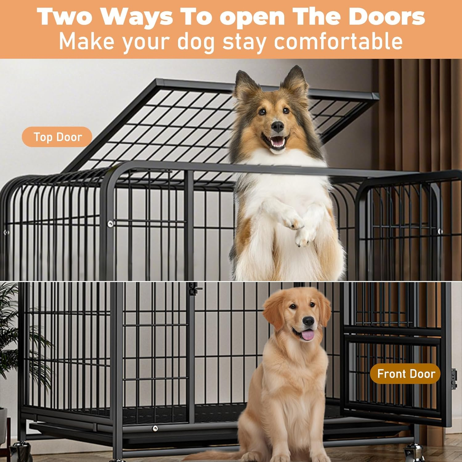 Uandhome 95Cm Heavy Duty Indestructible Dog Crate,Escape Proof Dog Cage Kennel, Extra Large Crate Indoor for Large Dog,High Anxiety Double Door,Lockable Wheels,Removable Tray