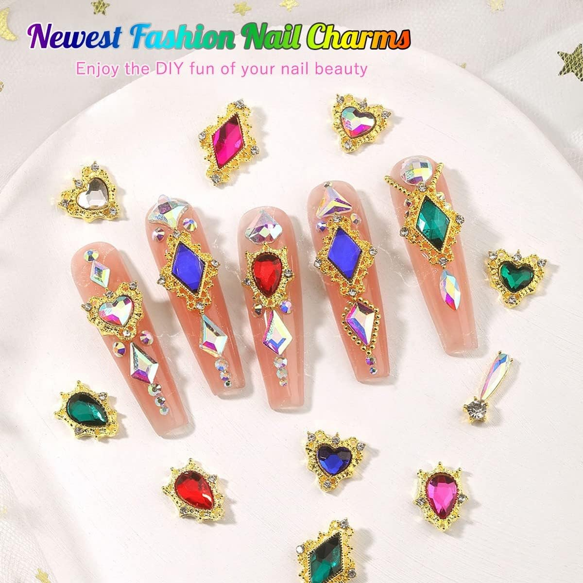 Qiipii 24Pcs 6 Styles Emerald Green Nail Charms Big Luxury Nail Rhinestones Heart Gems Crystals Diamonds Jewelry Jewels Stones Nail Art Studs for Arylic Nails DIY Crafts Clothes Shoe Phones Cardmaking image number 2