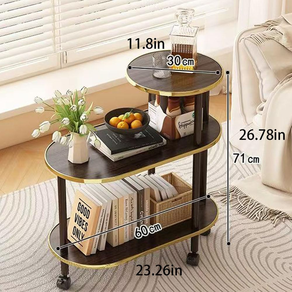 Hbluefat Modern End Table with Wheels, Rolling Sofa Side Table, 3-Tier Nightstand with Storage Shelves, Wood Bedside Table for Small Space, Living Room, Bedroom (Walnut Wood+Golden Edge)