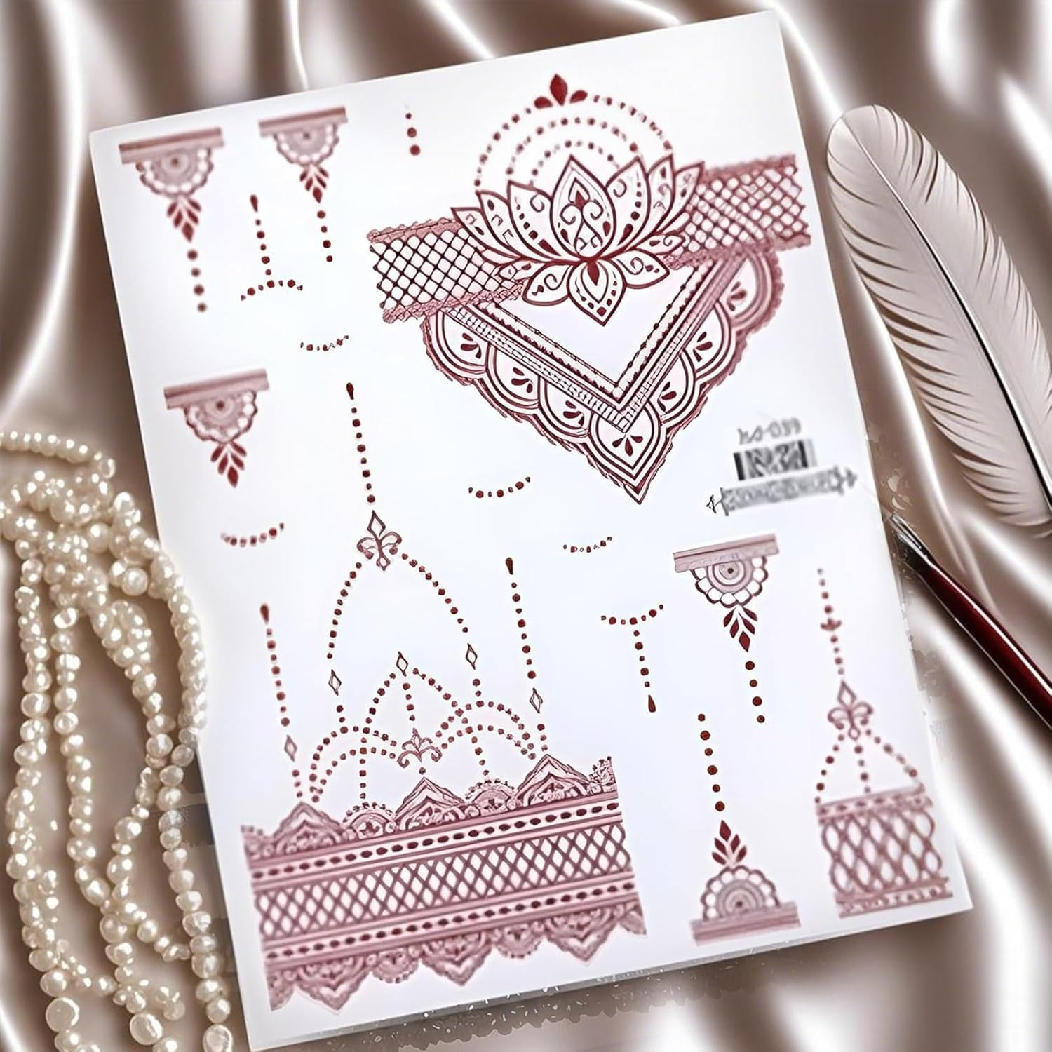 12PCS Brown Red Lace Temporary Tattoos Waterproof Fake Tattoos Temporary Tattoo Kits Mandala Flower Tattoo Stickers Women Girls Arm Body Art Indian Red Tattoo Stickers Suitable for Women Girls image number 2