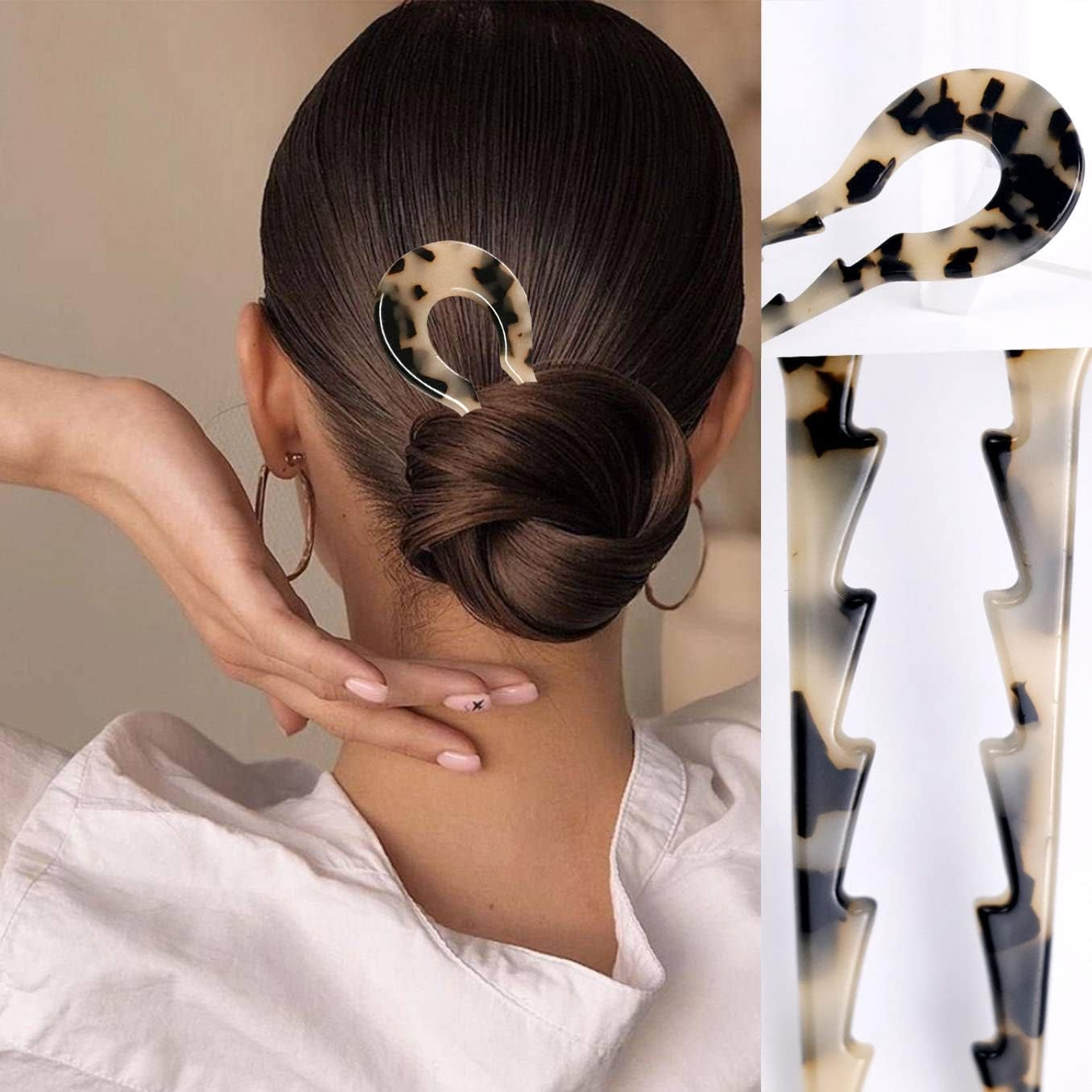 LAPOHI 5.3 Inch 3 PCS Large U Shaped French Hair Pins, Acetate French Hair Sticks Forks for Vintage Hair Updos Buns Thick Hair(Amber Gradient&Tortoise Shell&Creamy Yellow)