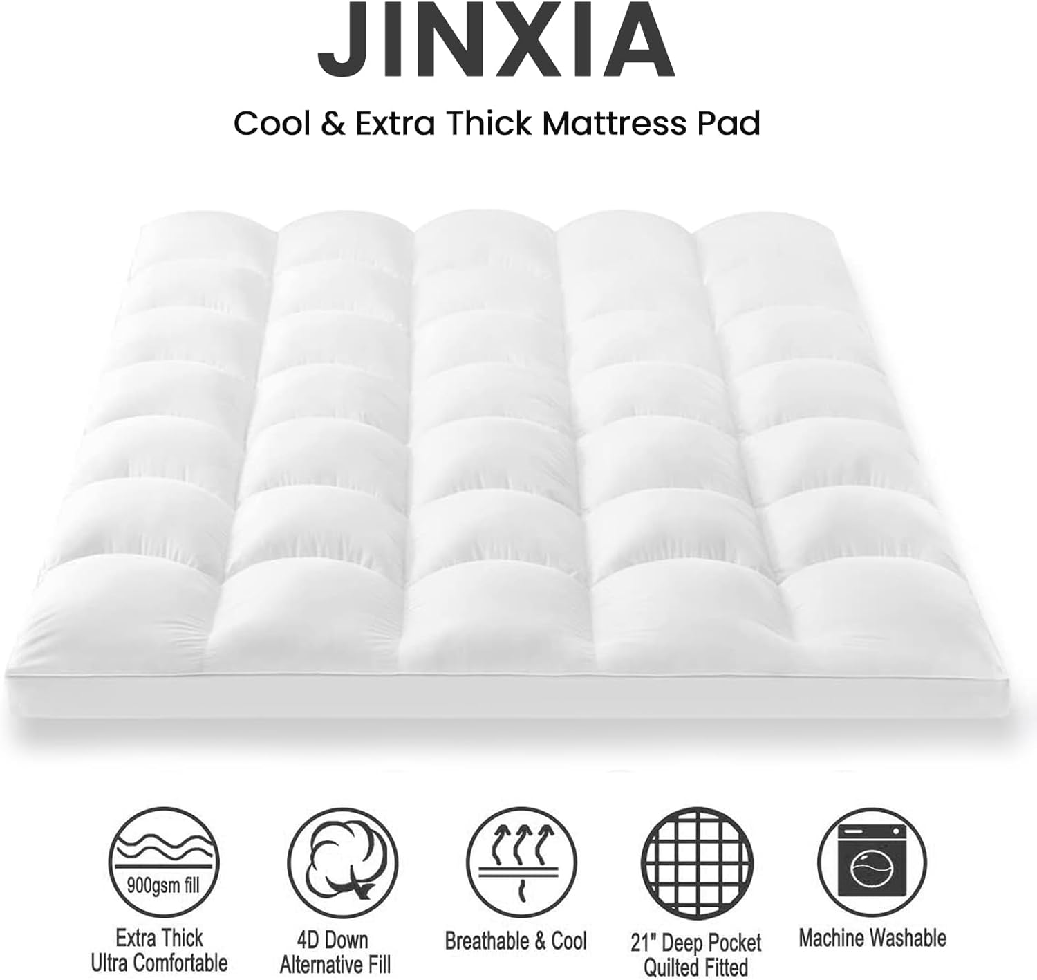 JINXIA Cooling Mattress Topper Queen for Back Pain, Extra Thick Mattress Pad Cover,Deep Elastic Pocket, Plush Pillow Top Overfilled with down Alternative, White image number 3