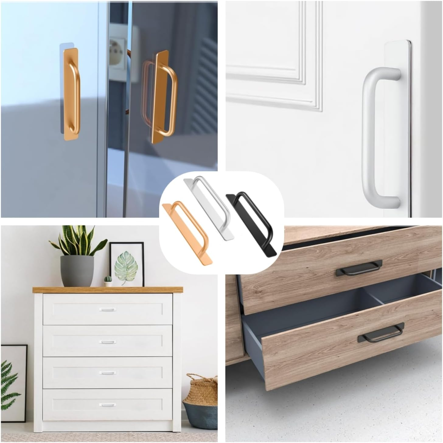 4Pcs Self-Stick Cabinet Drawer Door Handles, Aluminum Alloy Adhesive No Drilling Door Pull Handle for Drawer Closet Sliding Door Kitchen Cabinet, Home Improvement Hardware (Black) - Gold image number 4