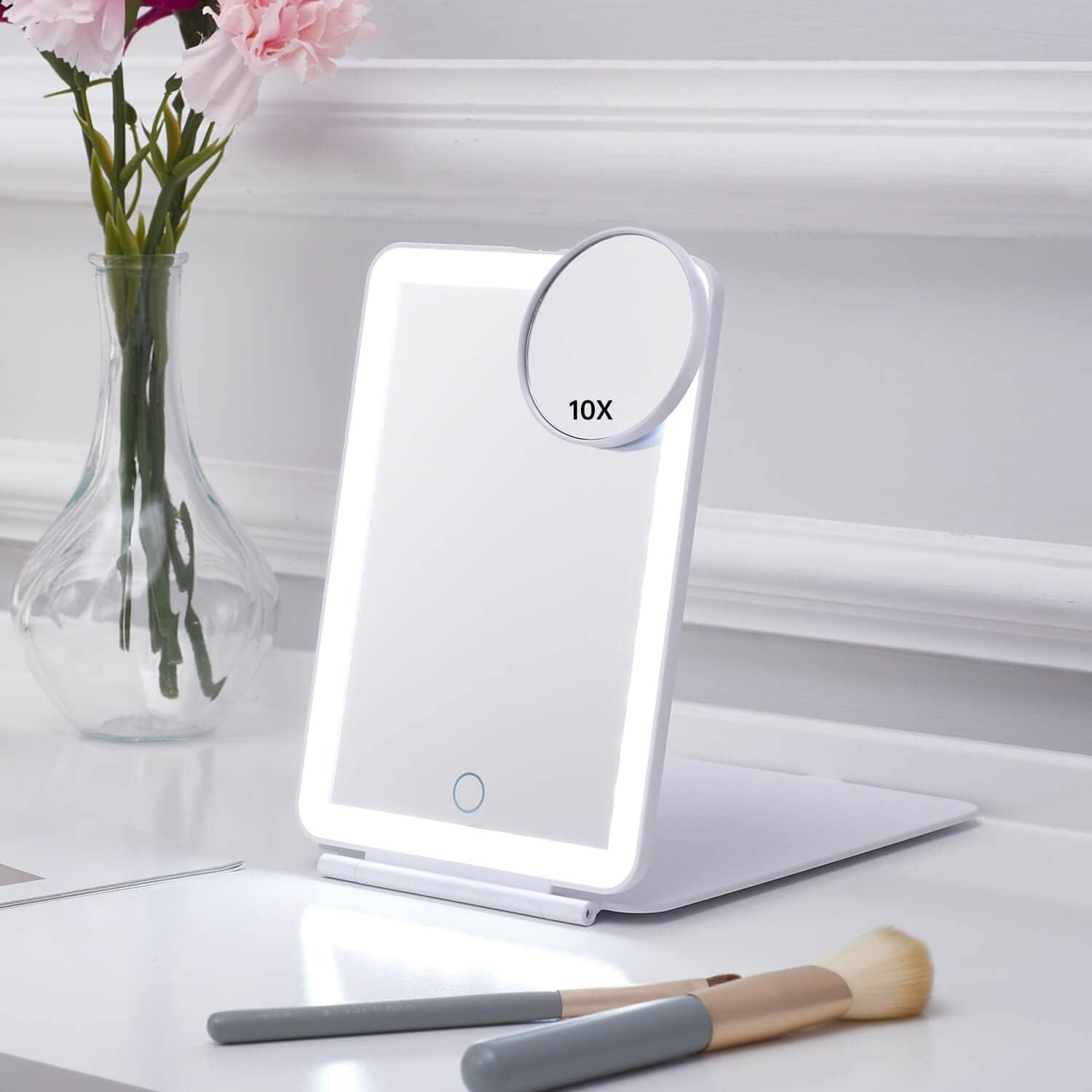 Travel Makeup Mirror with 3 Color Light and 10X Magnifying Mirror, Dimmable Touch Screen, Rechargeable Lighted Makeup Mirror with Cover and a Storage Bag, Portable Foldable (White)