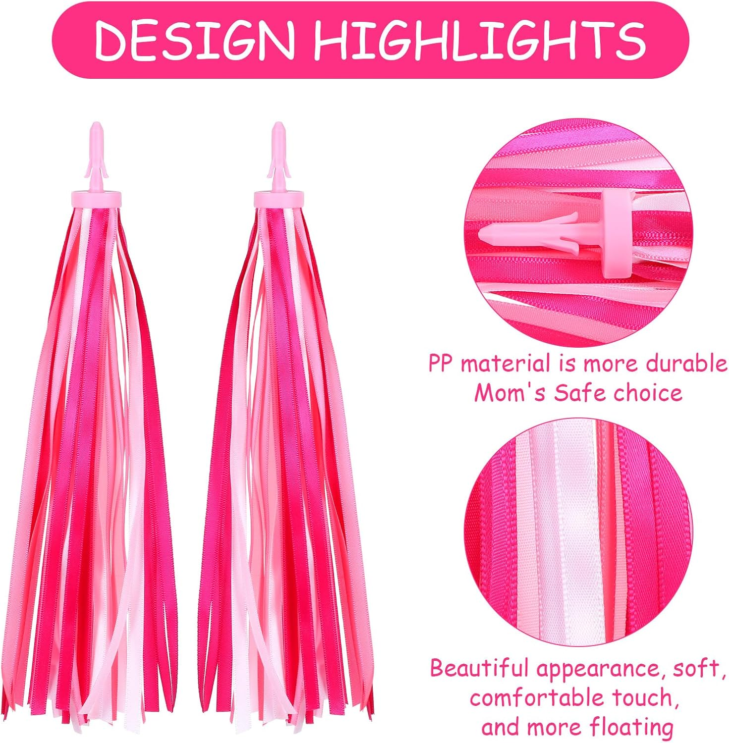 Bicycle Handlebar Streamers Colorful Tassels Ribbon Streamers Bike Decorations Polyester Material Scooter Bicycle Tricycle Handle Grips Accessories for Young Riders Pink image number 2