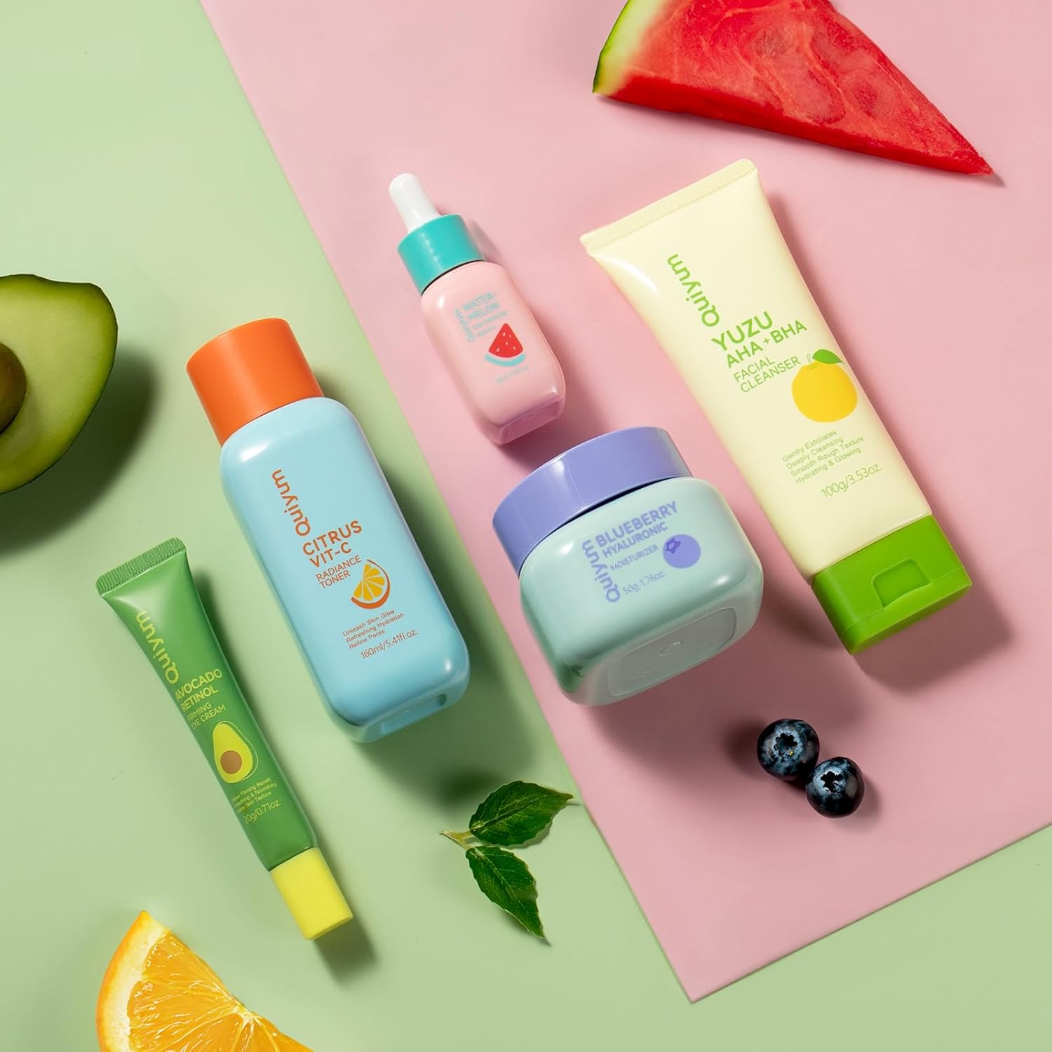 Fruit Skin Care Kit for Girls Teen, 5 Daily Routine Skincare Sets - Gift Set with Facial Cleanser, Vit-C Toner, Eye Cream, Hyaluronic Acid Cream, Serum, Face Care Set for Travel, for All Skin