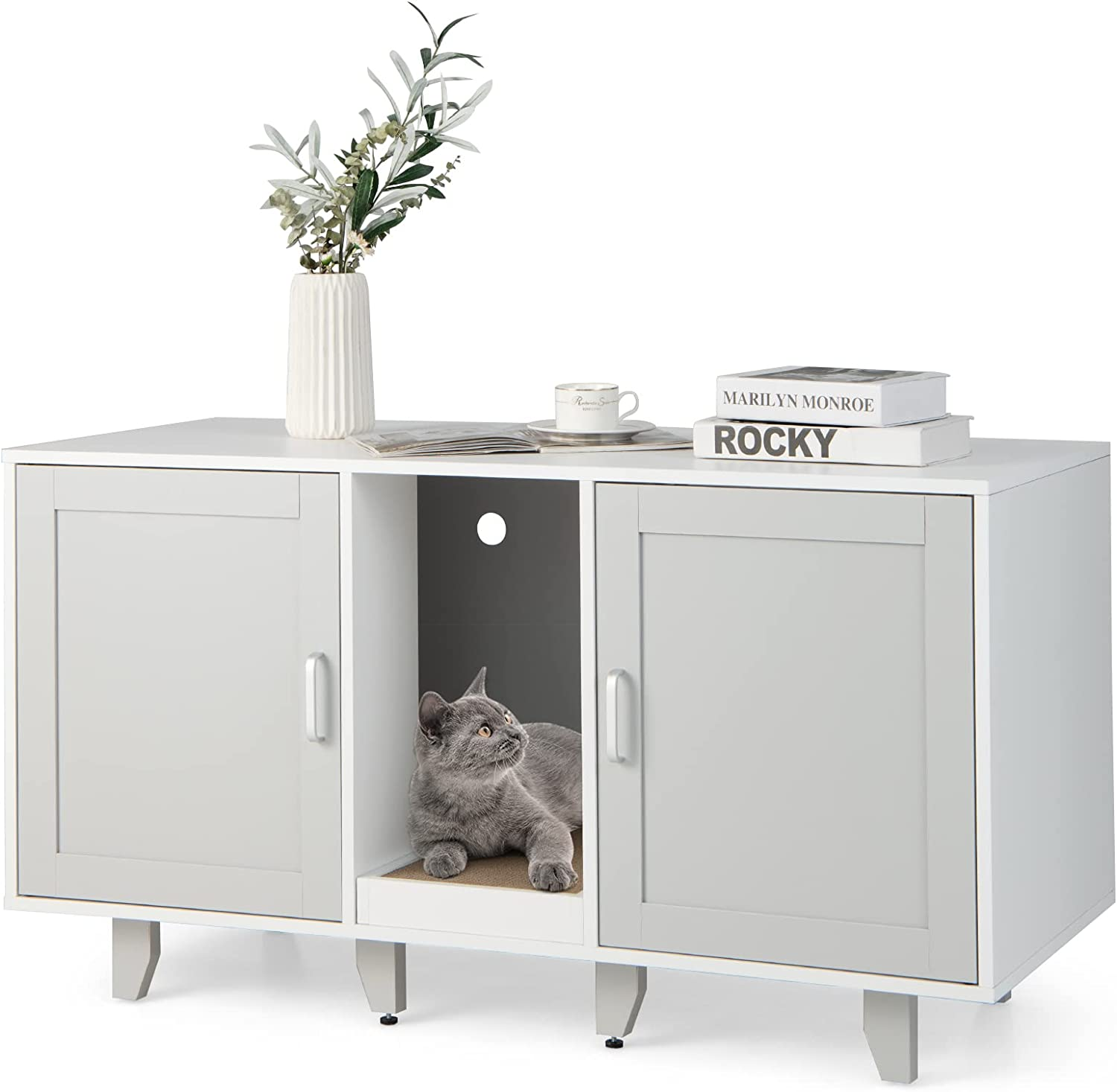 Costway Cat Litter Box Enclosure Bench, Hidden Cat Box Washroom W/Doors, Removable Scratch Box, Water & Scratch-Proof, Cat Washroom House End Table for Indoor Cat image number 4
