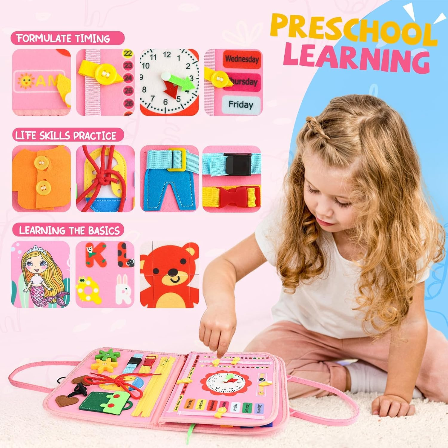 Montessori Busy Board Toys, Sensory Board for Toddlers 1-3, Travel Felt Busy Book for Airplane Car, Activity Busy Mat for Learning Fine Motor Skills Suits Boys Girls Birthday Gifts (Pink) image number 1