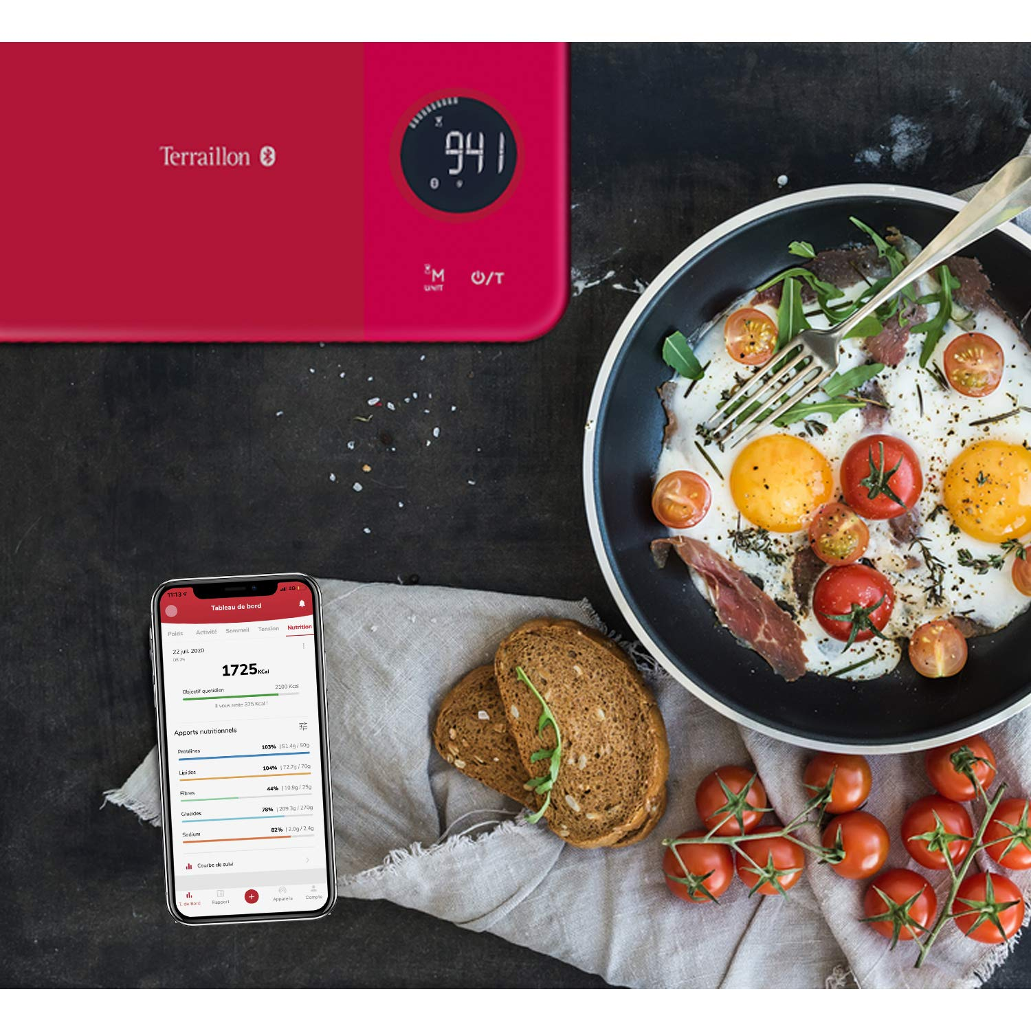 Terraillon Nutritab Kitchen Scales, Connects to Smartphone/Tablet, Energy Supply, with Tare Function, Liquid Display, Timer, Bluetooth Smart, 5 Kg, Cranberry Red image number 4