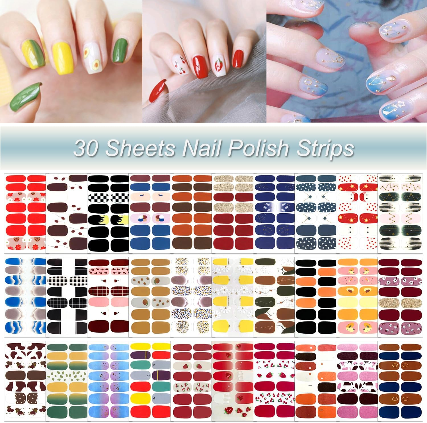 DANNEASY 30 Sheets Nail Polish Strips Full Nail Wraps for Women Gel Nail Strips Self Adhesive Nail Polish Stickers Stick on Nails Fingernails Manicure Sticker Nail Art Accessories with Nail File