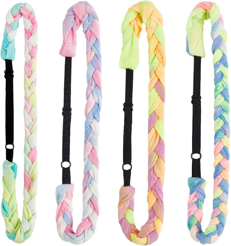 SOFPLATE 4Pcs 4 Colors Elastic Woven Headbands Thin Colored Fabric Headbands Adjustable Rainbow Polyester Stretch Spandex Cloth Tie Dye Hairbands Accessories for Short Long Hairstyle DIY Decoration image number 3