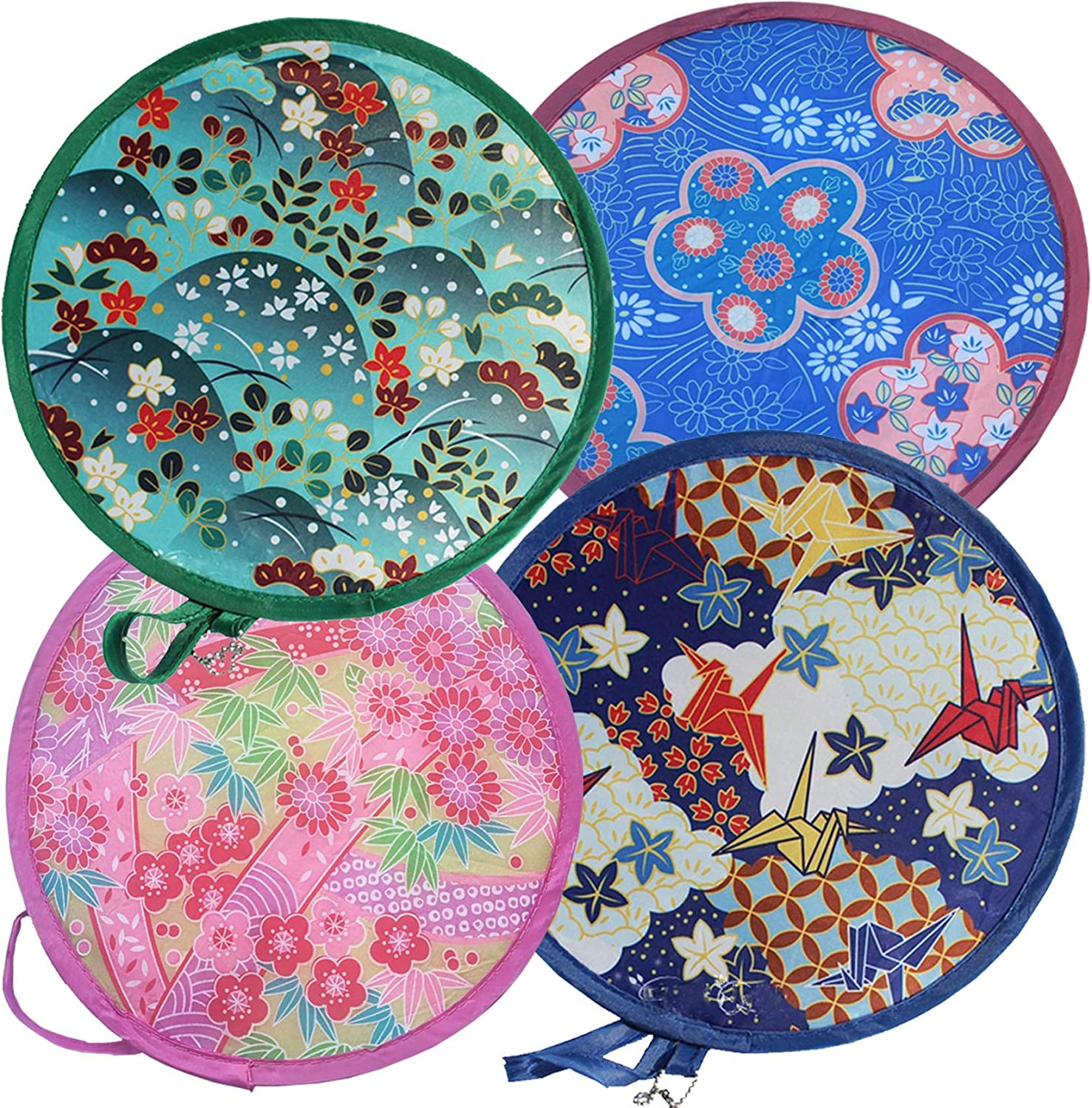 MXY Foldable Fan Japanese Style Summer Handheld round Folding Fan Beautiful Pattern Festival Decor Wedding Home Decoration 4 Units Different Patterns