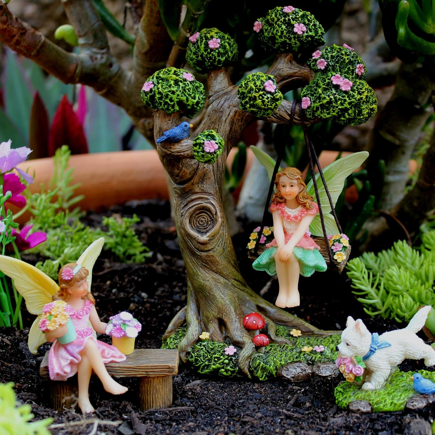 PRETMANNS Fairy Garden Accessories &ndash; Fairy Garden Fairies - Fairy Garden Kit, with Garden Fairies &ndash; Cute Fairies for Garden Outdoor & Fairy Tree Swing with Puppy &ndash; 4 Piece Fairy Set image number 2