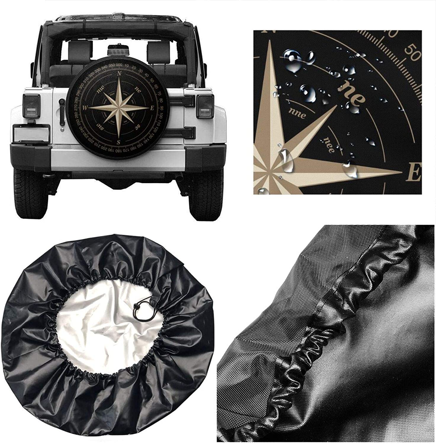 Compass Rose Black Spare Tire Cover UV Sun Wheel Covers Fit for Jeep,Trailer, RV, SUV and Many Vehicle 15 Inch image number 4