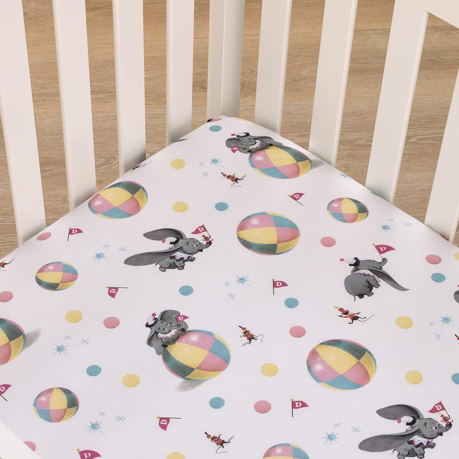 Disney Vintage Dumbo - Gray, White and Multi-Colored Circus Flags, Balls and Timothy Mouse Nursery Fitted Crib Sheet image number 1