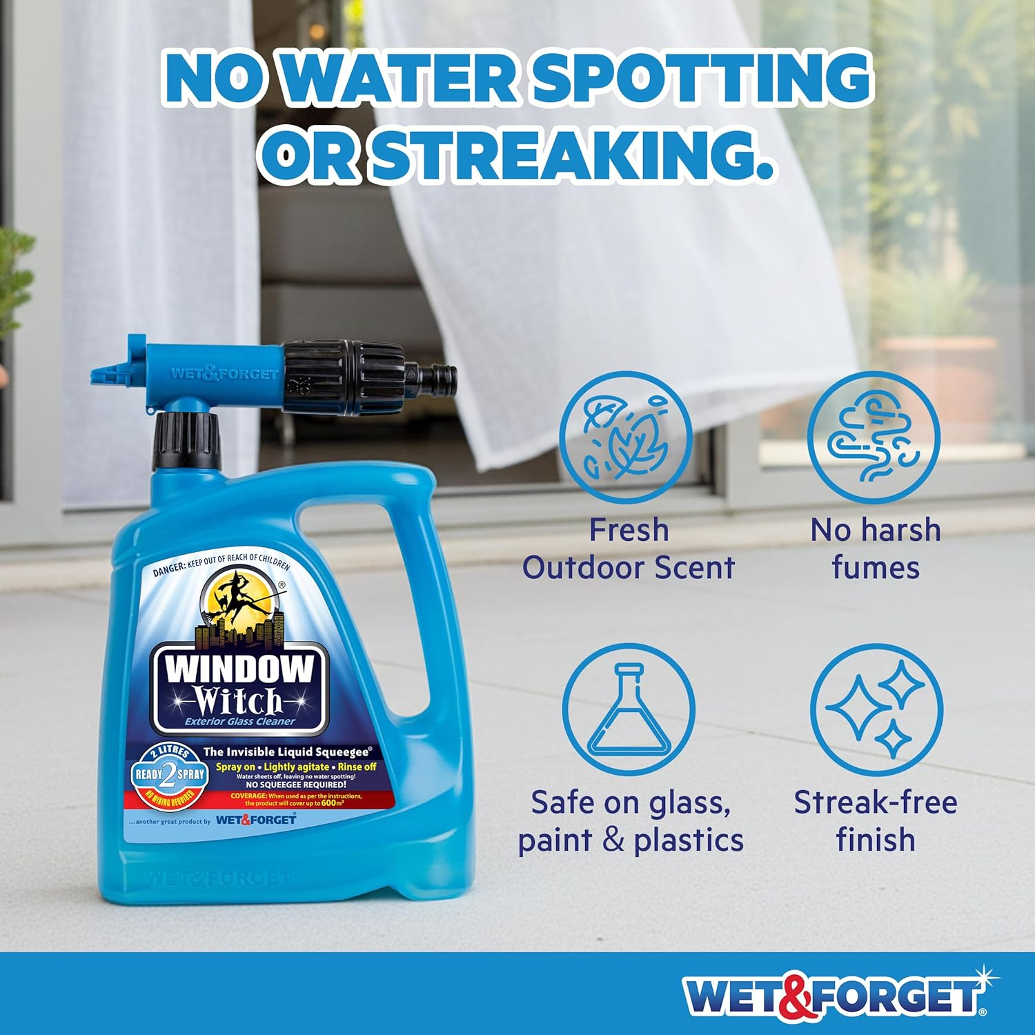 Wet & Forget Window Witch 2L Exterior Glass Cleaner &ndash; Hose Attachment Spray for Outdoor Windows, Conservatories & Glass Doors &ndash; Streak-Free Finish, No Squeegee Needed, Window Cleaning Solution image number 3